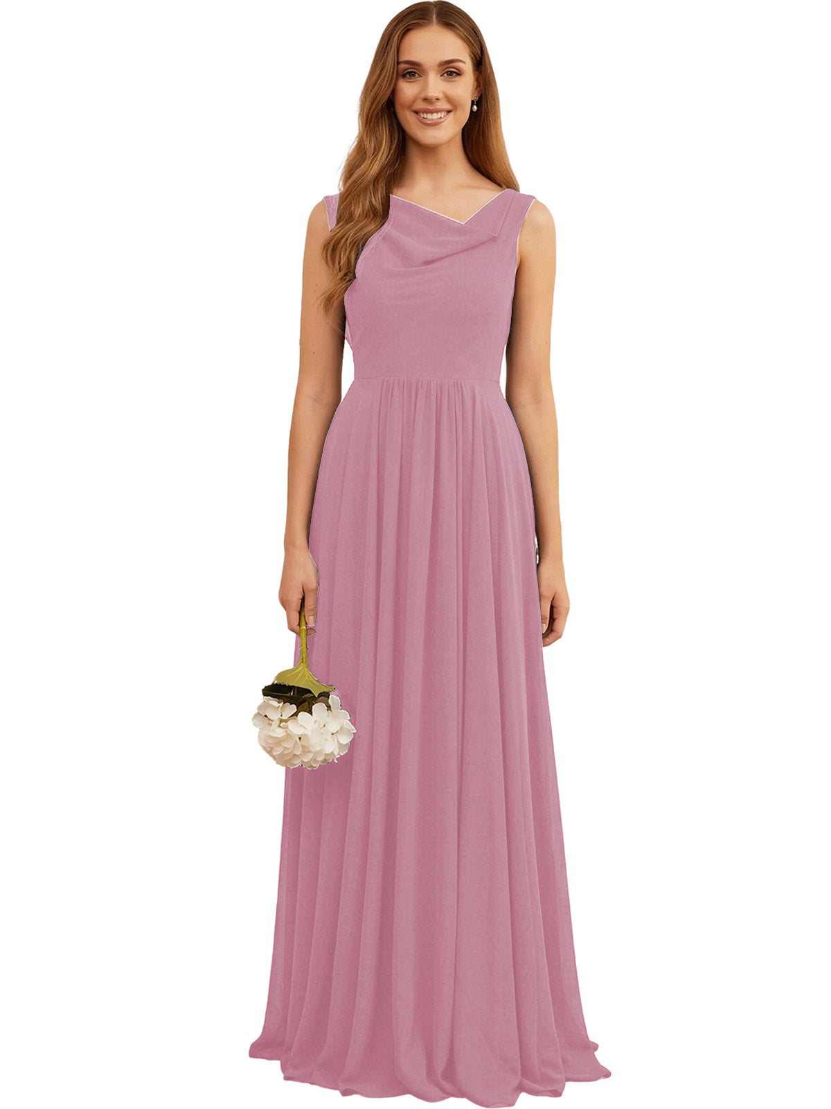 Blush pink sleeveless chiffon bridesmaid dress with V-neck and pleated gathered waist