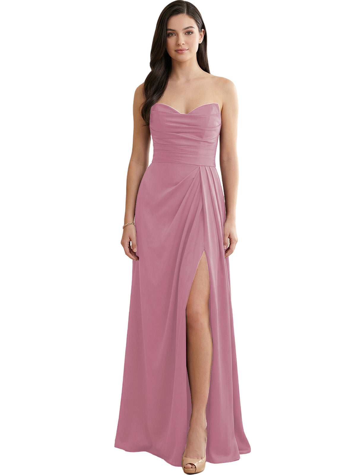 Dusty rose pink strapless pleated satin bridesmaid dress with side slit