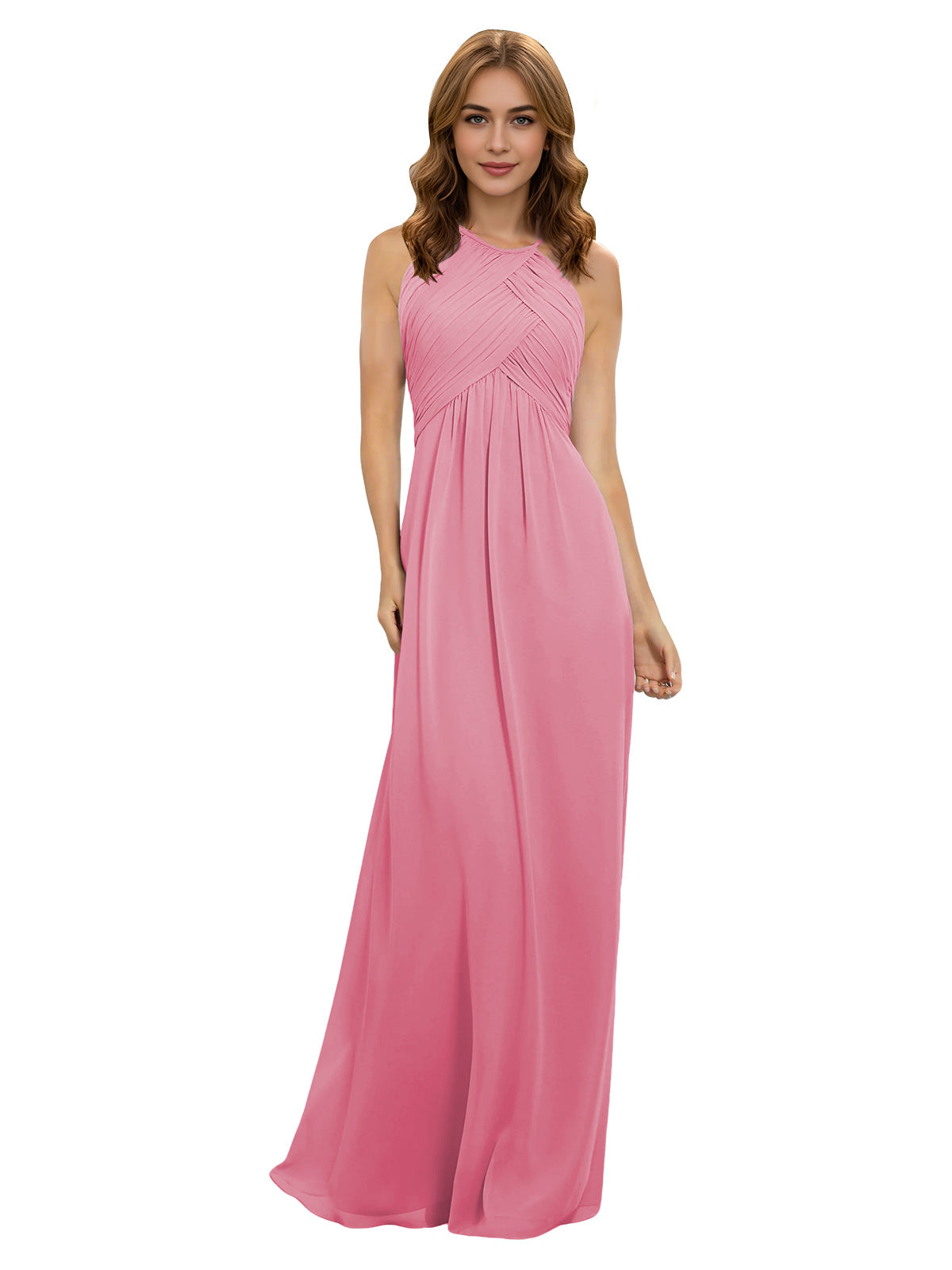 Blush pink chiffon bridesmaid dress with halter neckline and twist bodice, sleeveless maxi