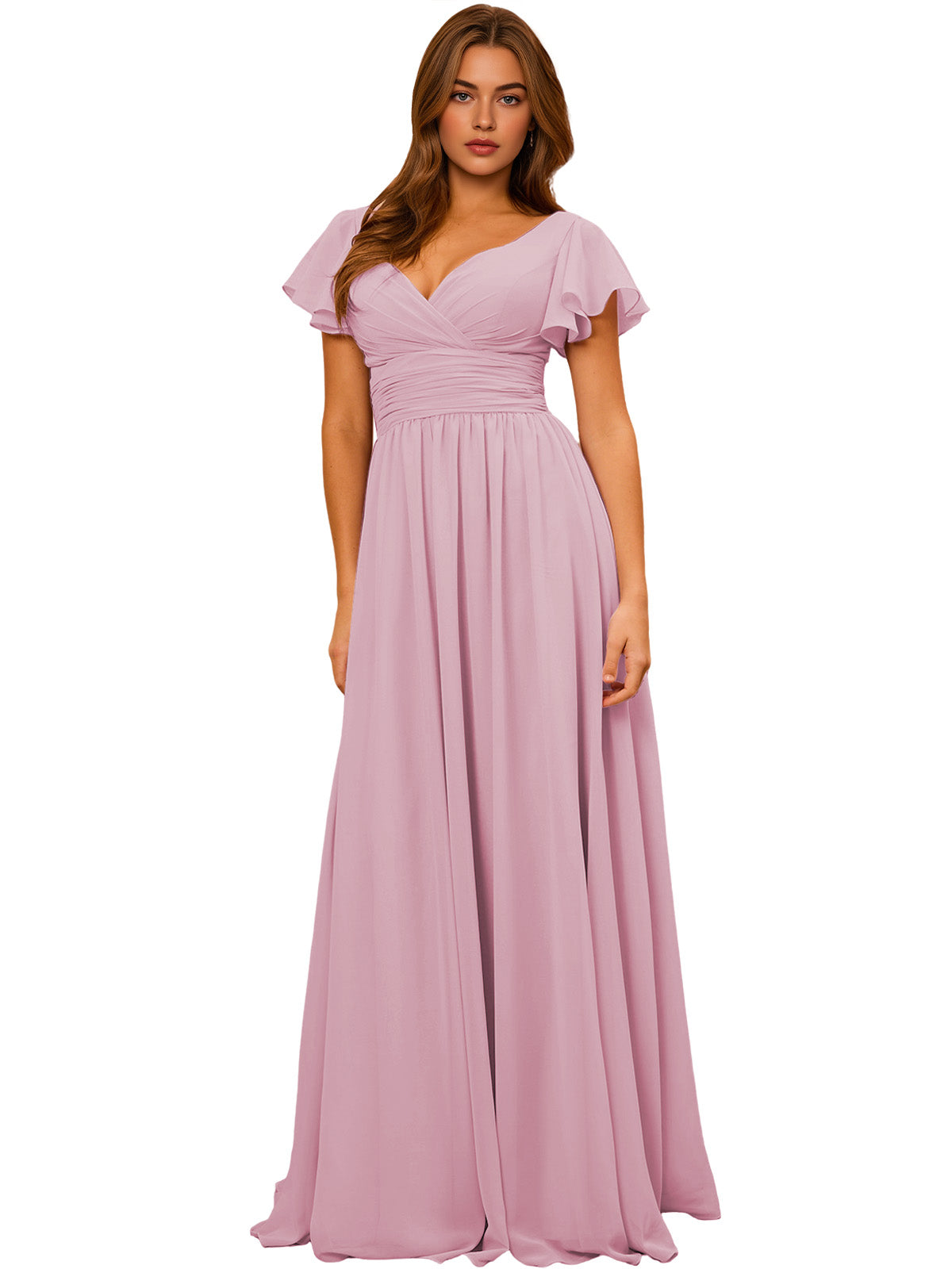 Light lilac V-neck chiffon bridesmaid dress with flutter sleeves and empire waist