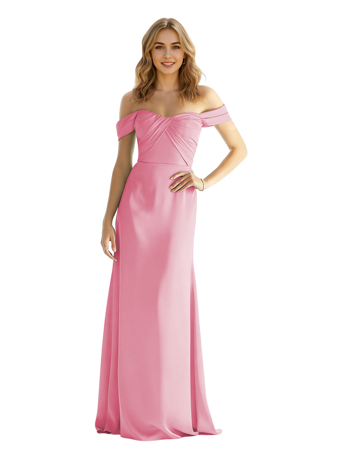 Off-shoulder satin bridesmaid dress with wrapped bodice, pink, floor length