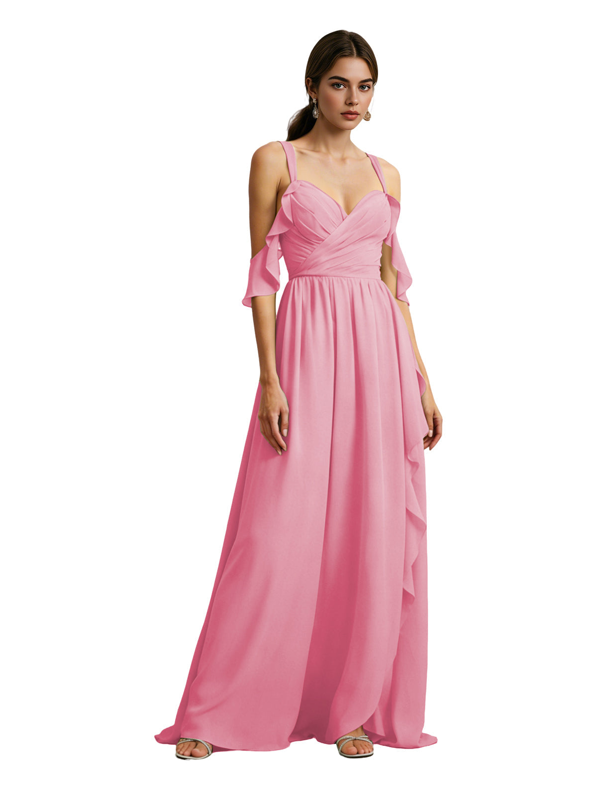 Cold-shoulder chiffon dress in rose pink, draped V-neck bodice, flowing maxi skirt