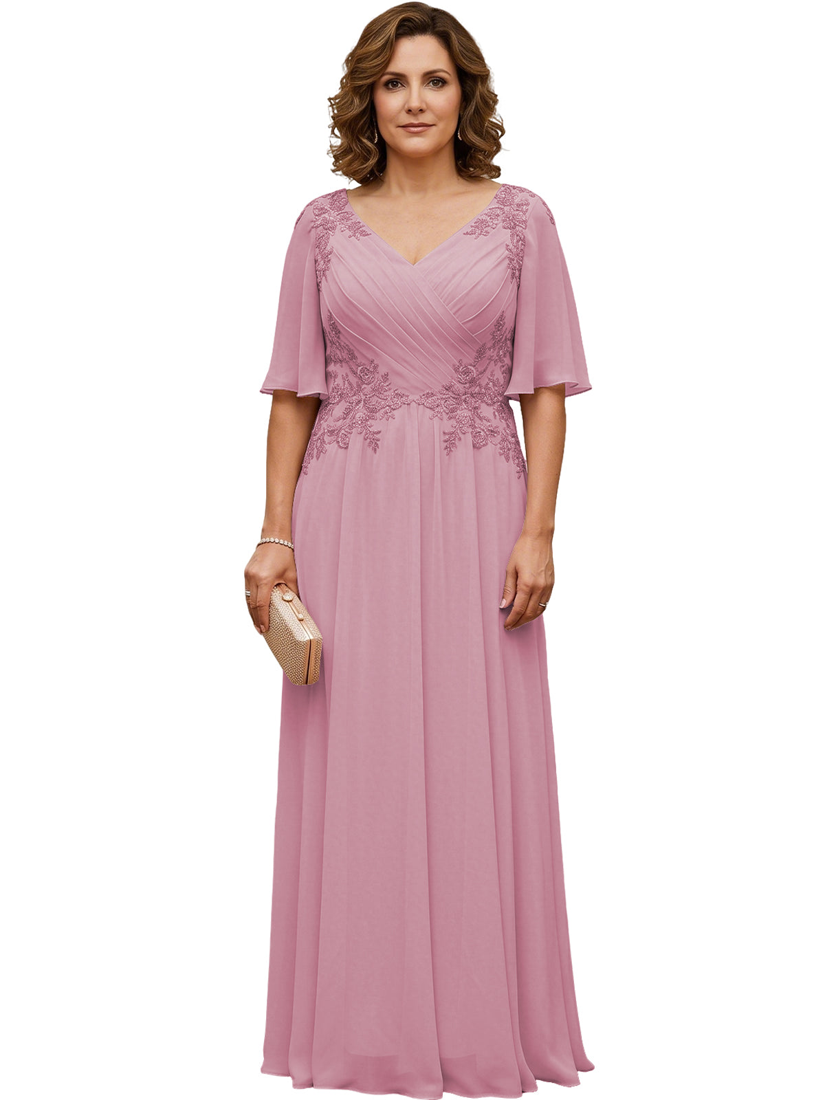 Dusty rose long chiffon A-line gown with V-neck, flutter sleeves, and beaded lace details