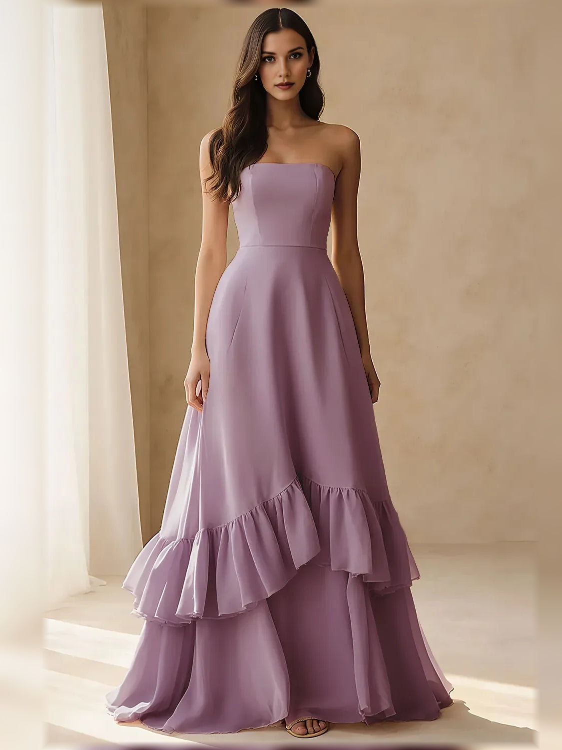 Strapless tiered ruffle chiffon A-line formal dress in wisteria