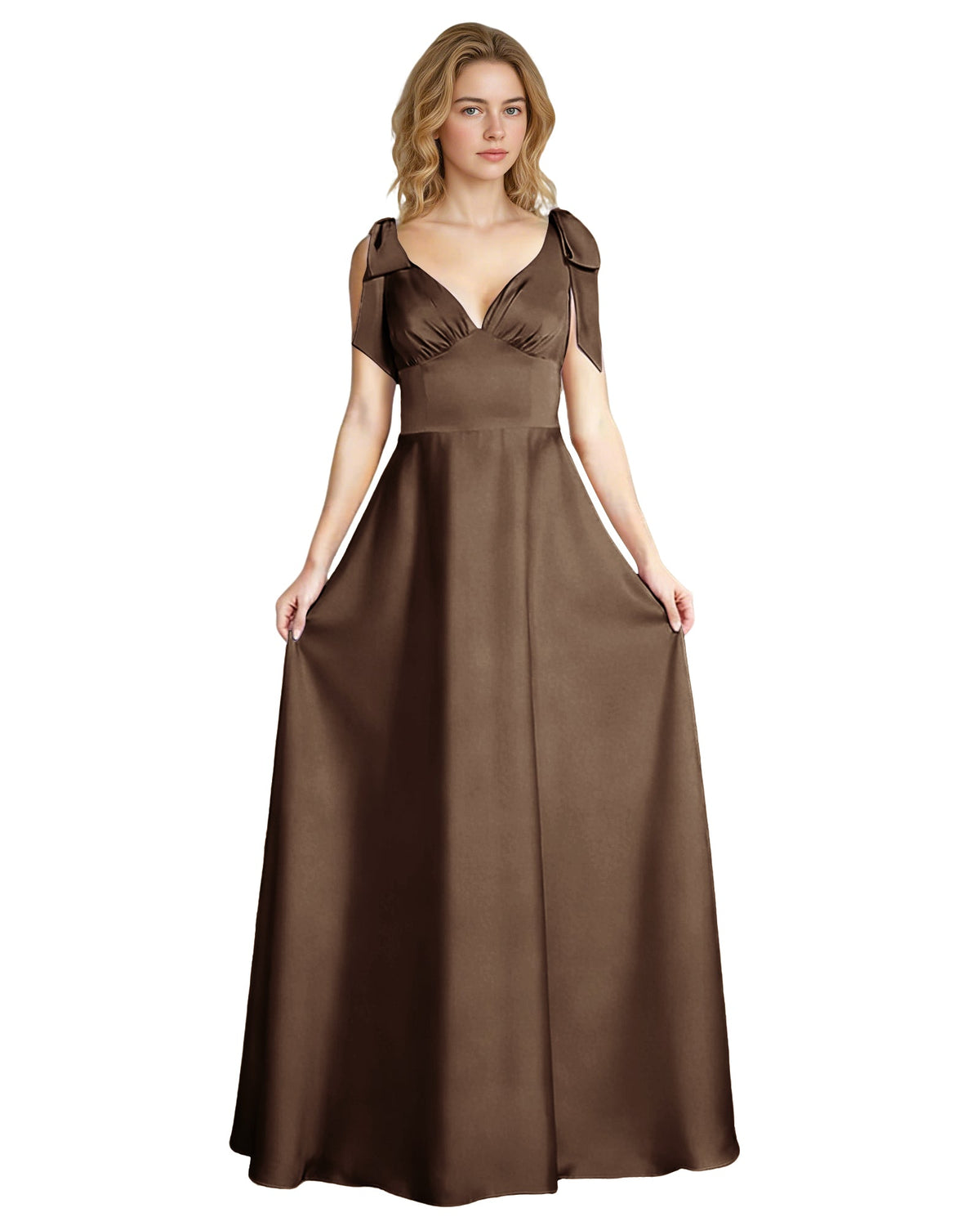 Dark brown satin V-neck bridesmaid dress with bow straps and empire waist, sleeveless
