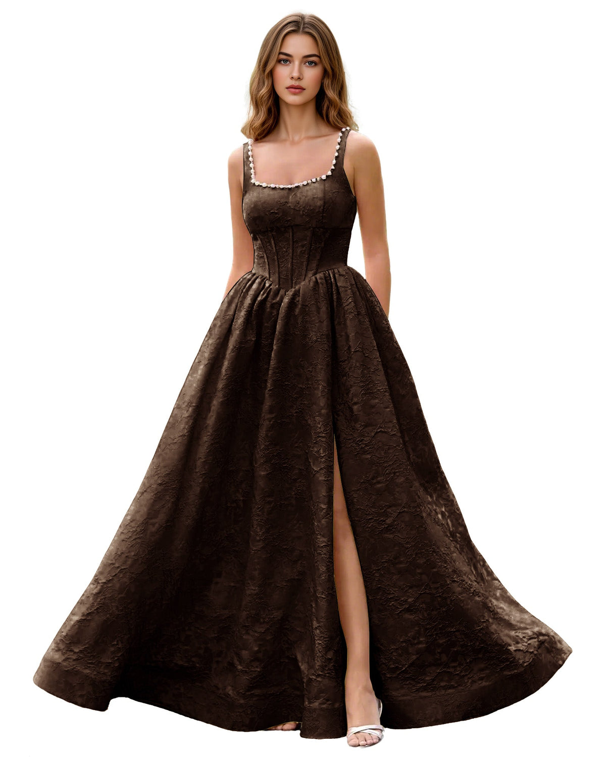 Dark brown jacquard ball gown with square neckline, wide straps, fitted bodice, full skirt slit