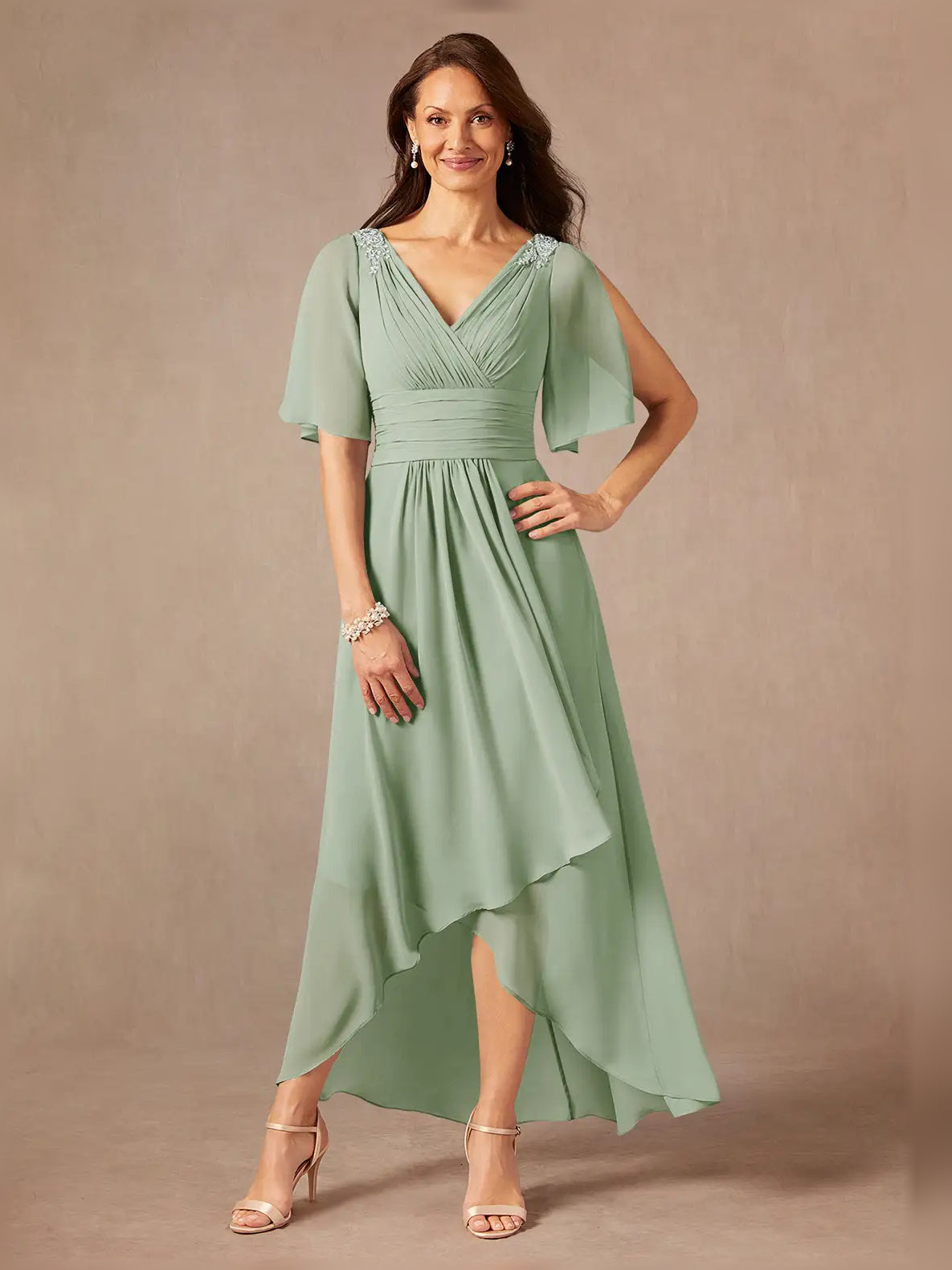Dusty sage chiffon midi A-line dress with V-neck drape, flutter sleeves, ruffled hem