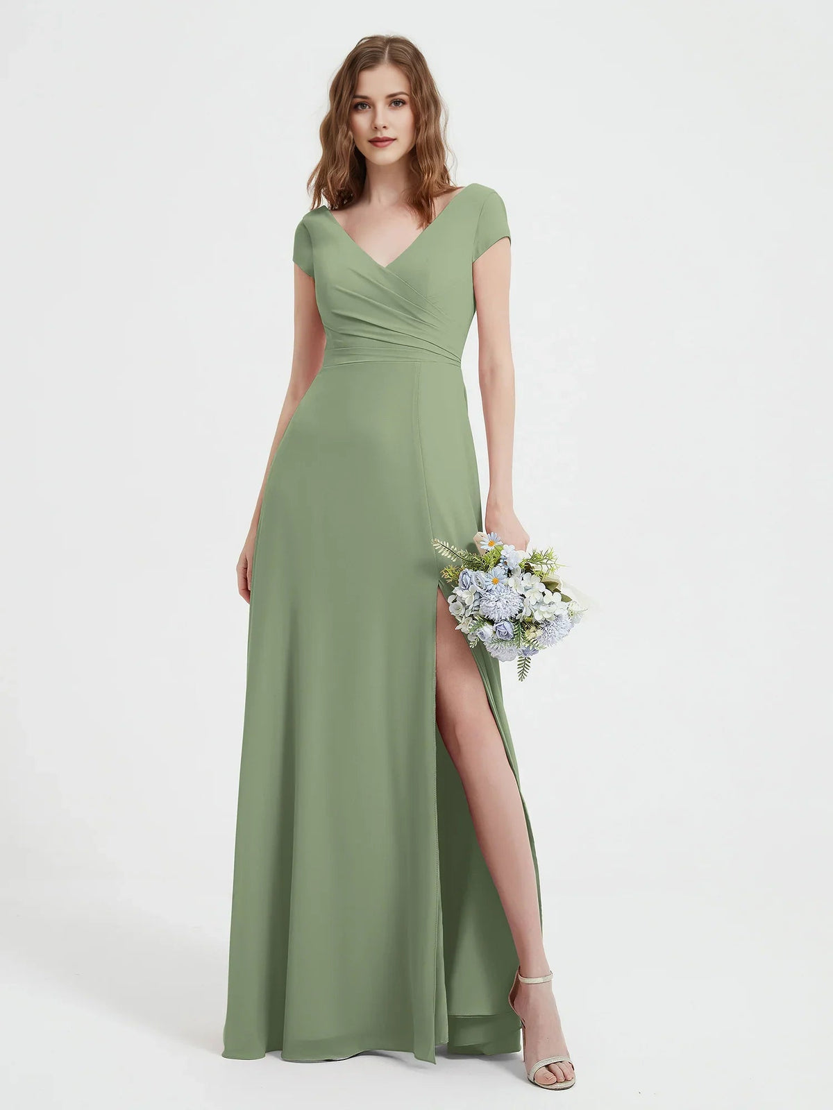 Ruched V-neck A-line maxi chiffon dress with side slit and cap sleeves, sage green.