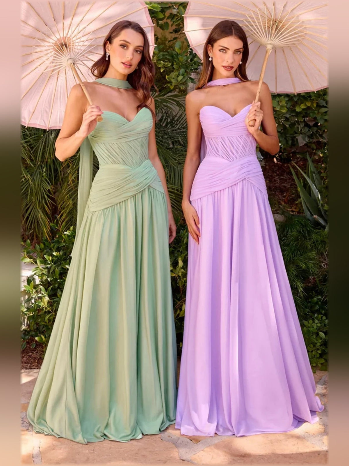 Sweetheart chiffon formal dresses in mint green and lavender, halter neck, ruched bodice