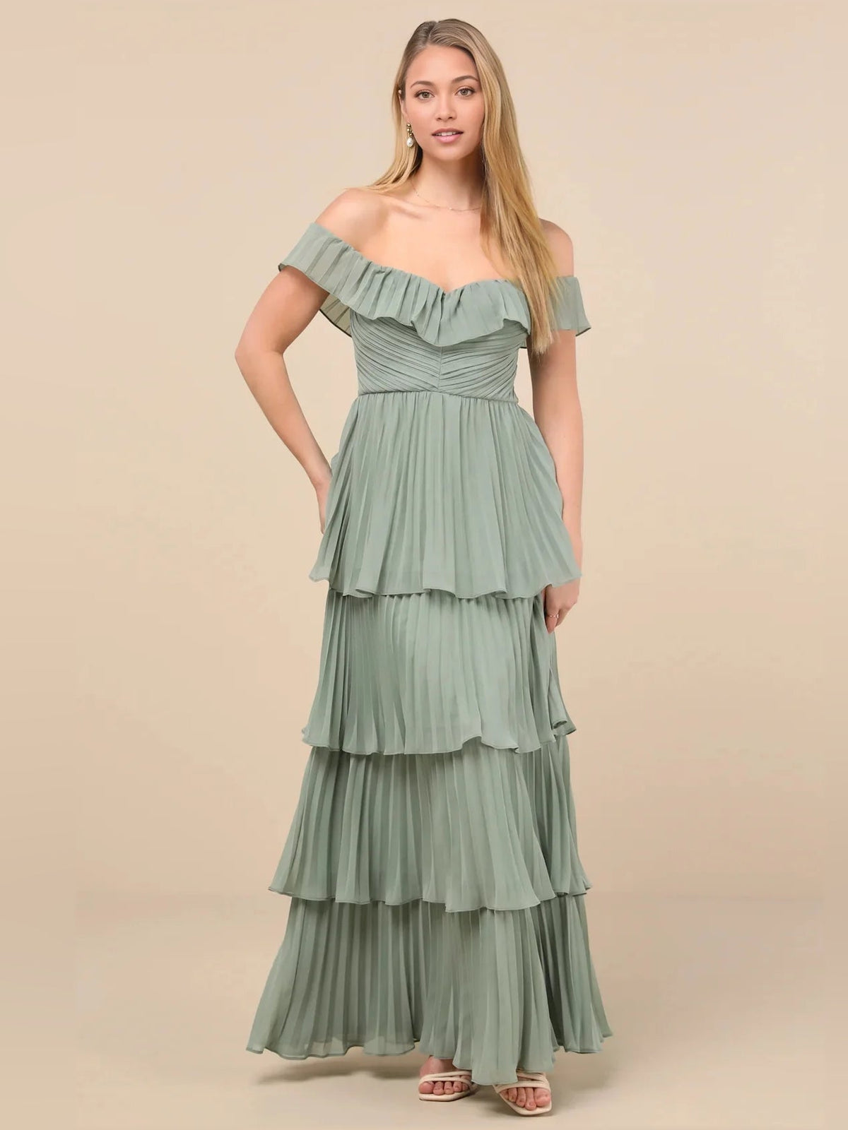 Dusty sage off-shoulder maxi dress with ruffled tiered skirt and pleated bodice