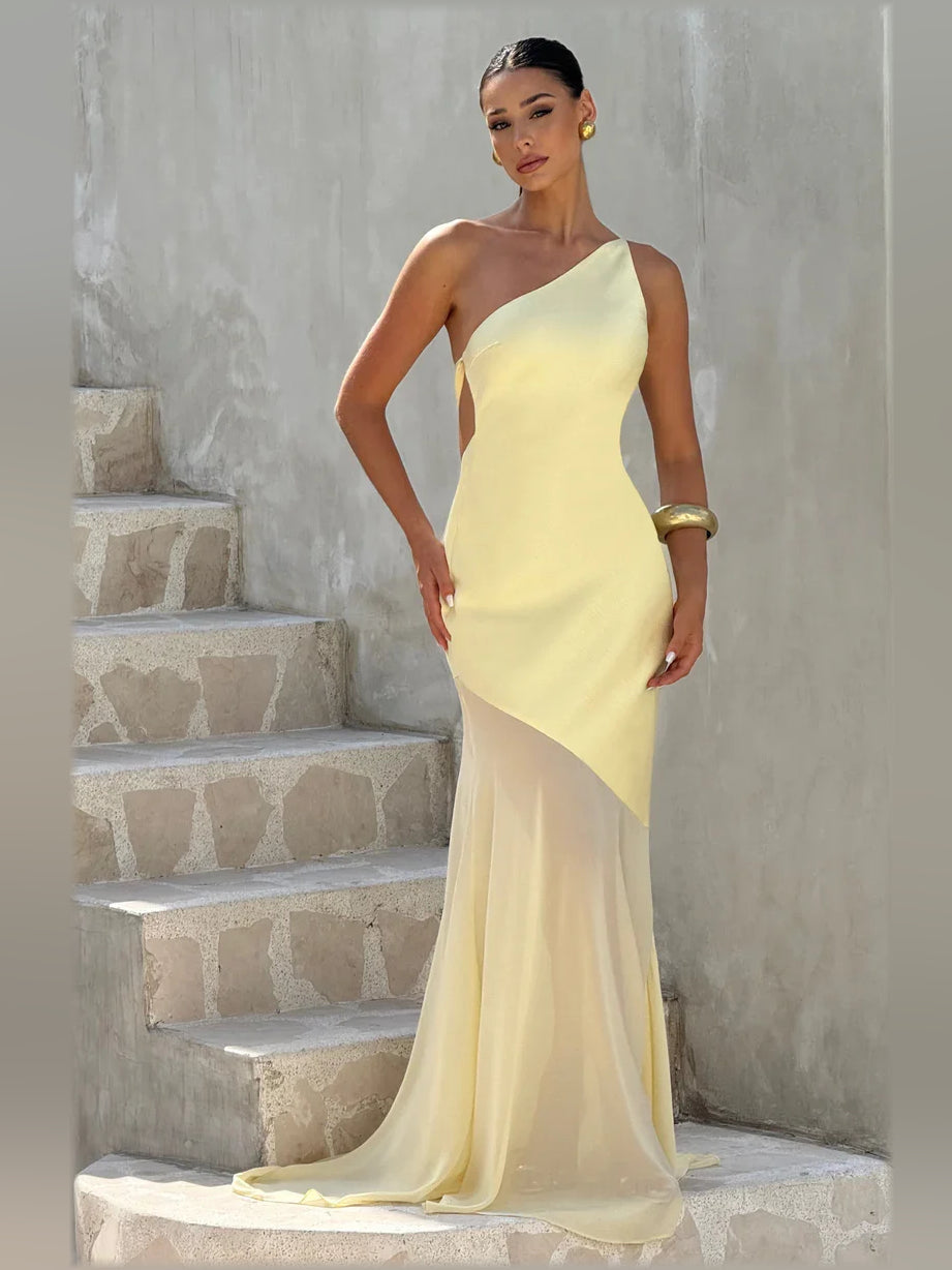 Lemon yellow one-shoulder mermaid floor-length formal dress with fitted bodice