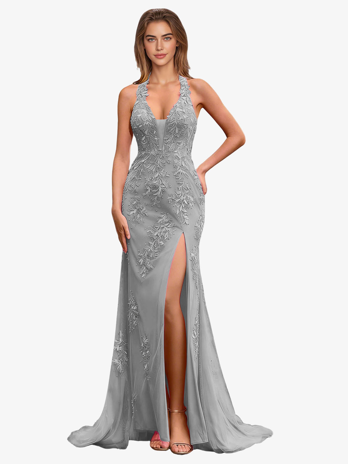 Gray halter lace mermaid prom dress with applique bodice and thigh slit