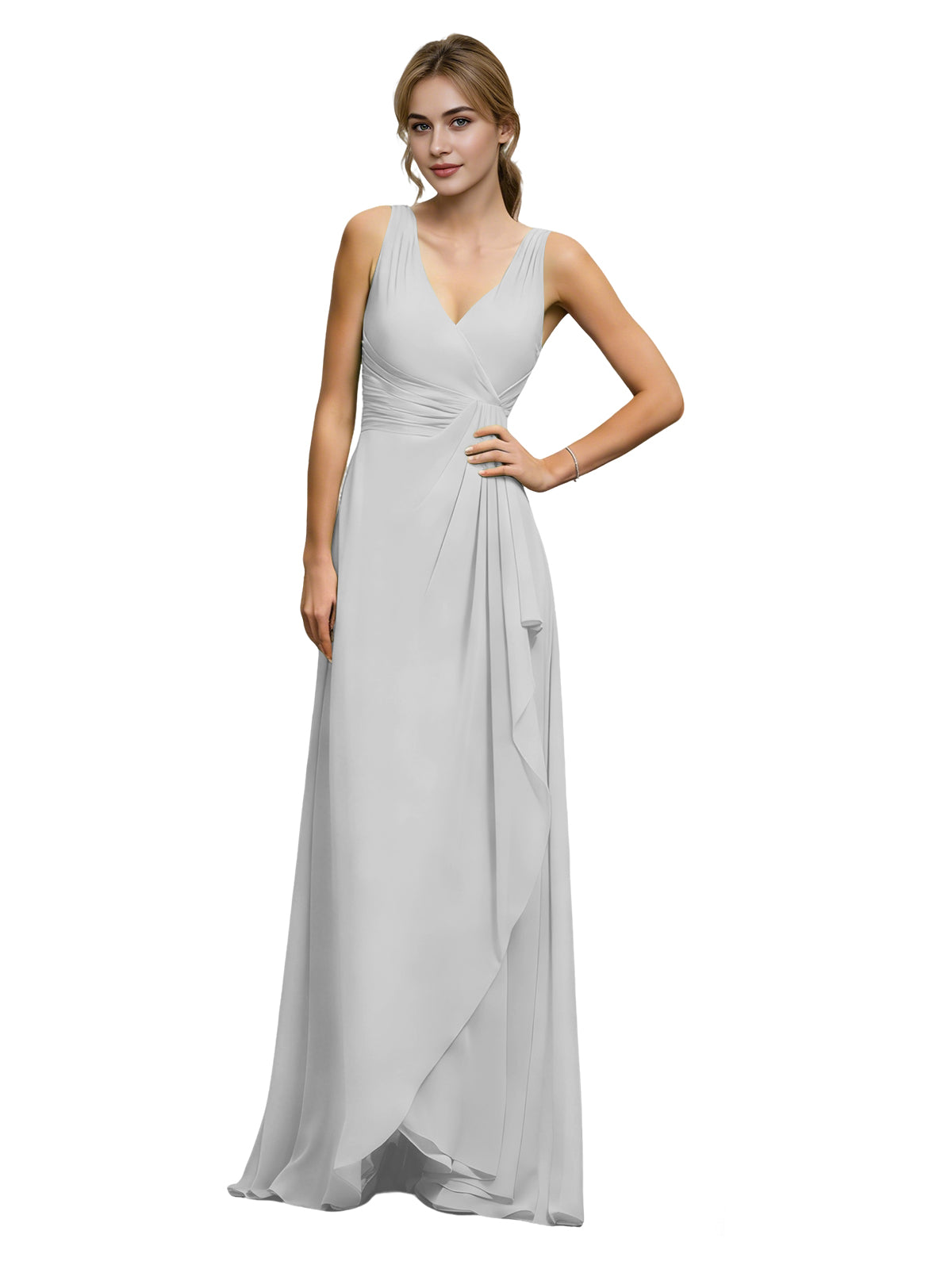 Silver gray chiffon bridesmaid dress with halter V-neck and draped sash waist
