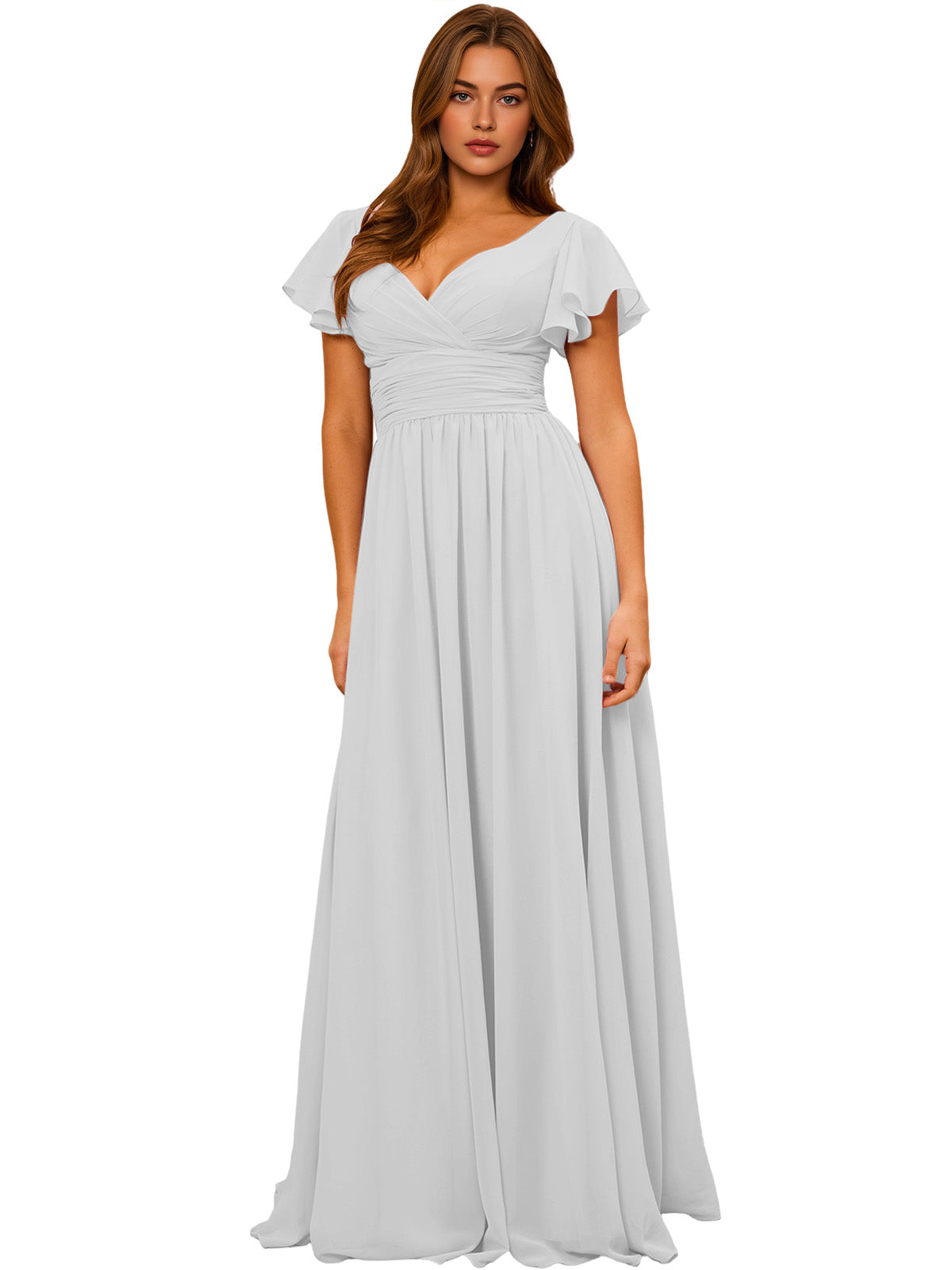 Light gray V-neck chiffon bridesmaid dress with flutter sleeves and empire waist