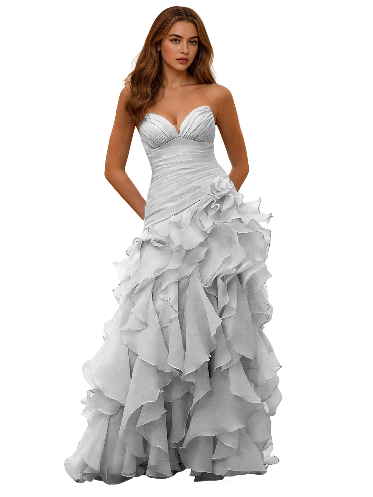 Silver-gray strapless sweetheart ball gown with draped corset bodice and layered ruffle skirt