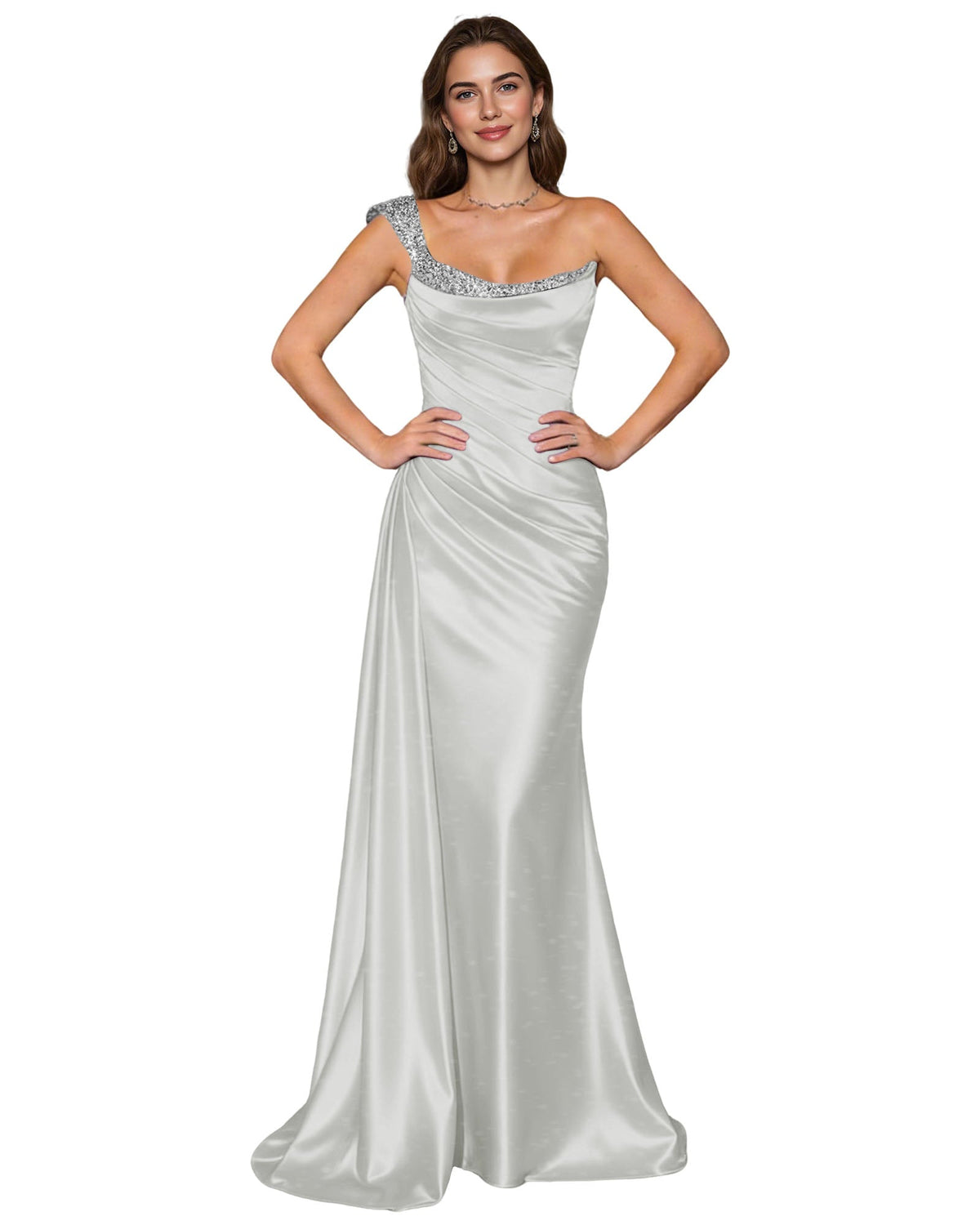 Silver satin mermaid prom dress with draped cowl neckline and rhinestone spaghetti straps