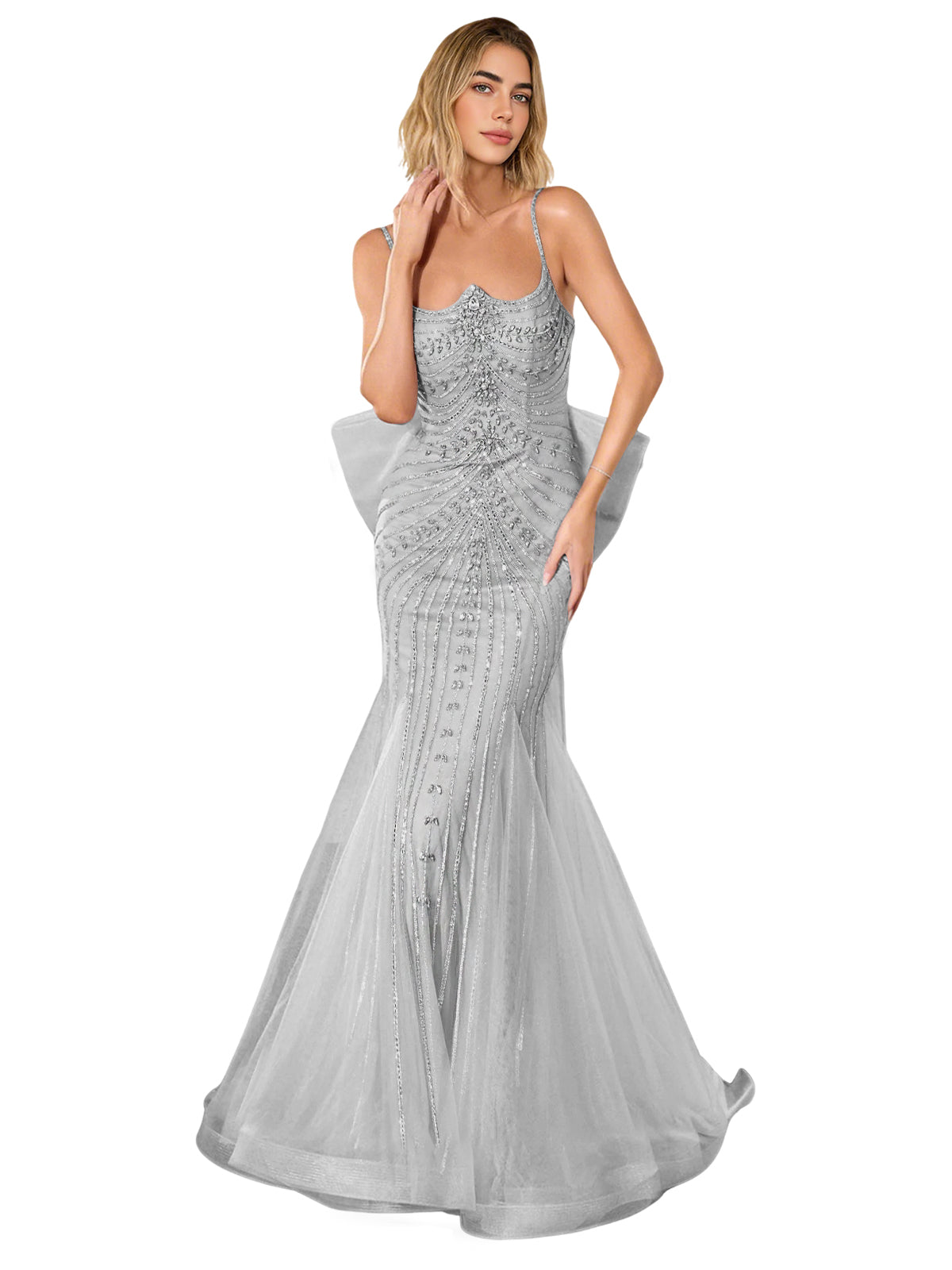 Silver gray lace corset trumpet prom dress with thin straps and sweep train