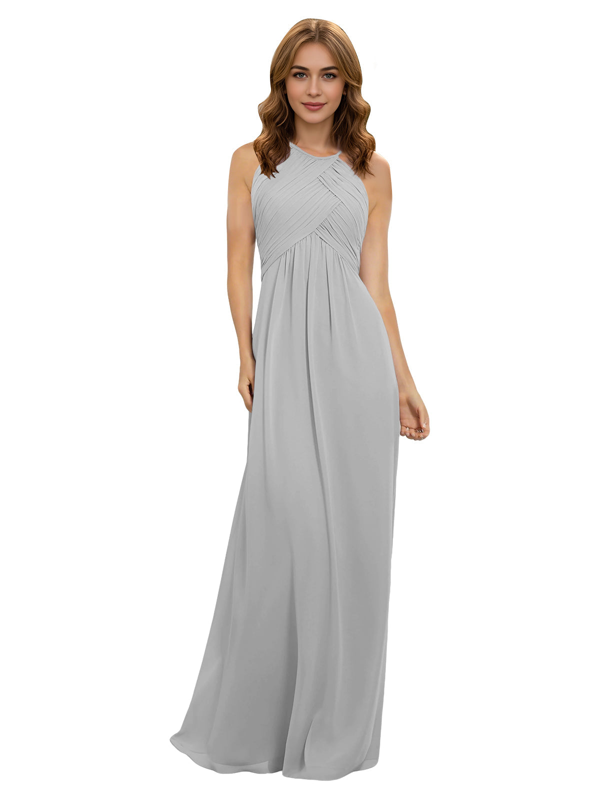 Light gray chiffon bridesmaid dress with halter neckline and twist bodice, sleeveless maxi