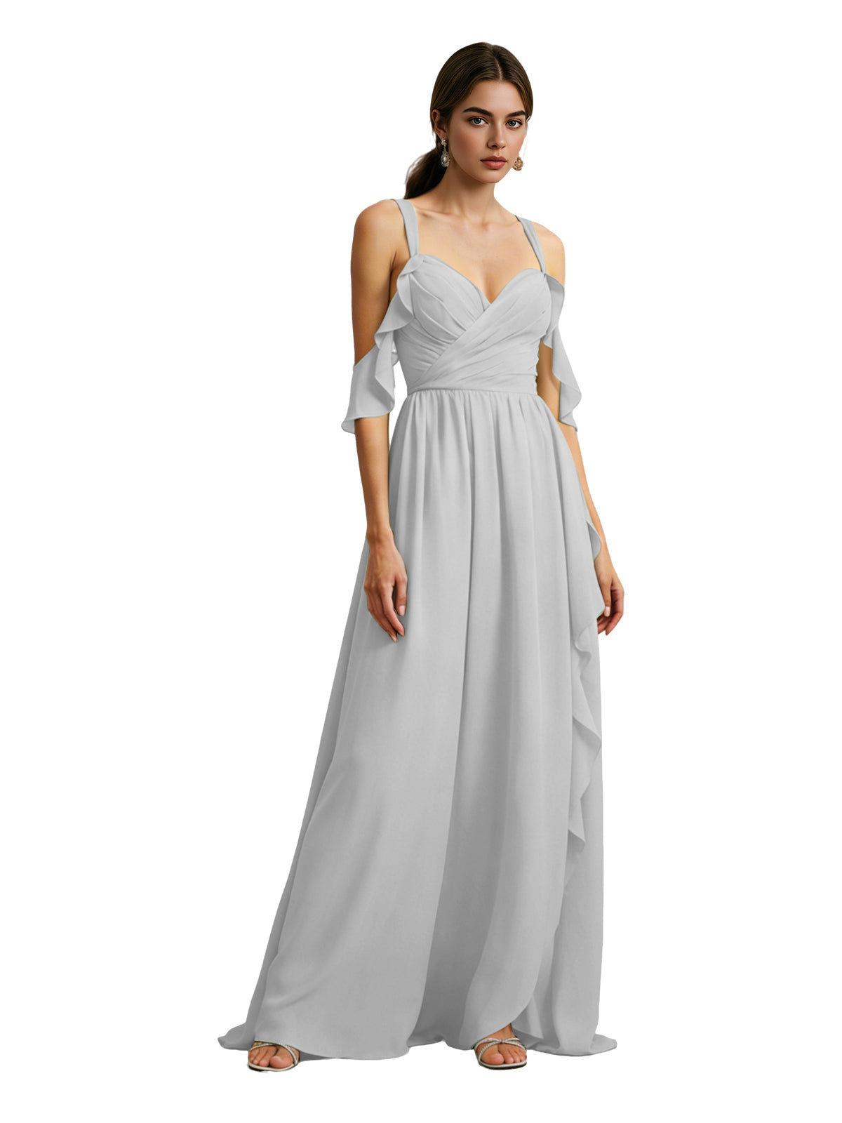 Cold-shoulder chiffon dress in light gray, draped V-neck bodice, flowing maxi skirt