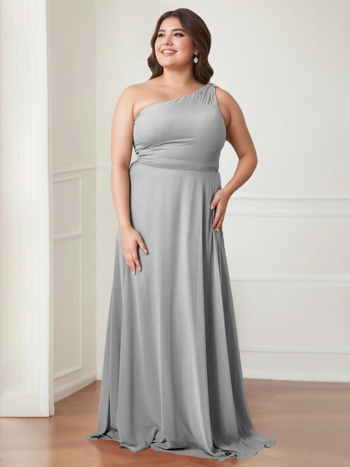 One-shoulder chiffon prom dress in silver gray, A-line floor length with gathered waist