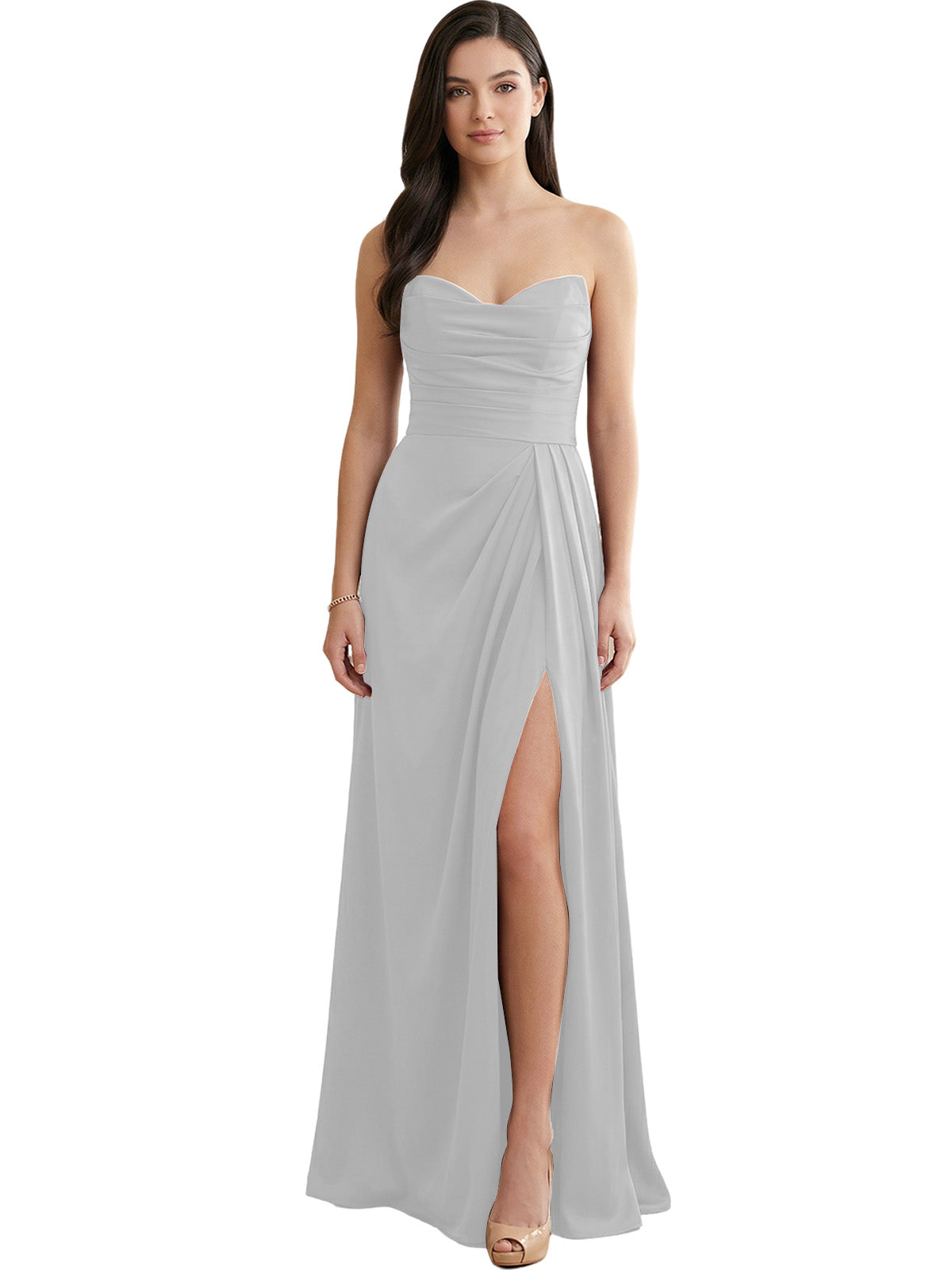 Light gray strapless pleated satin bridesmaid dress with side slit