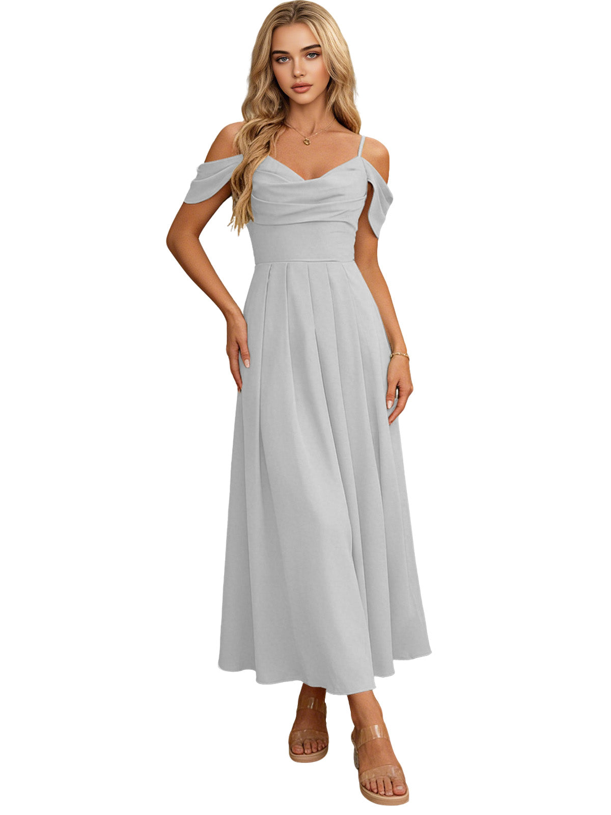 Off-shoulder midi bridesmaid dress in light gray with pleated bodice and flowing skirt