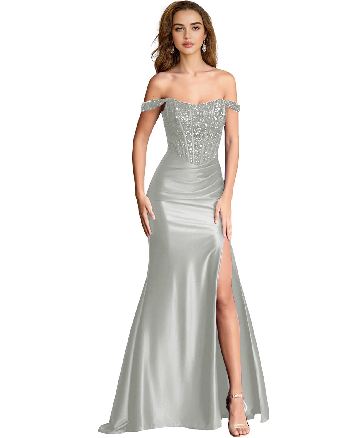 Silver off-shoulder sequin satin mermaid dress with draped bodice and thigh slit
