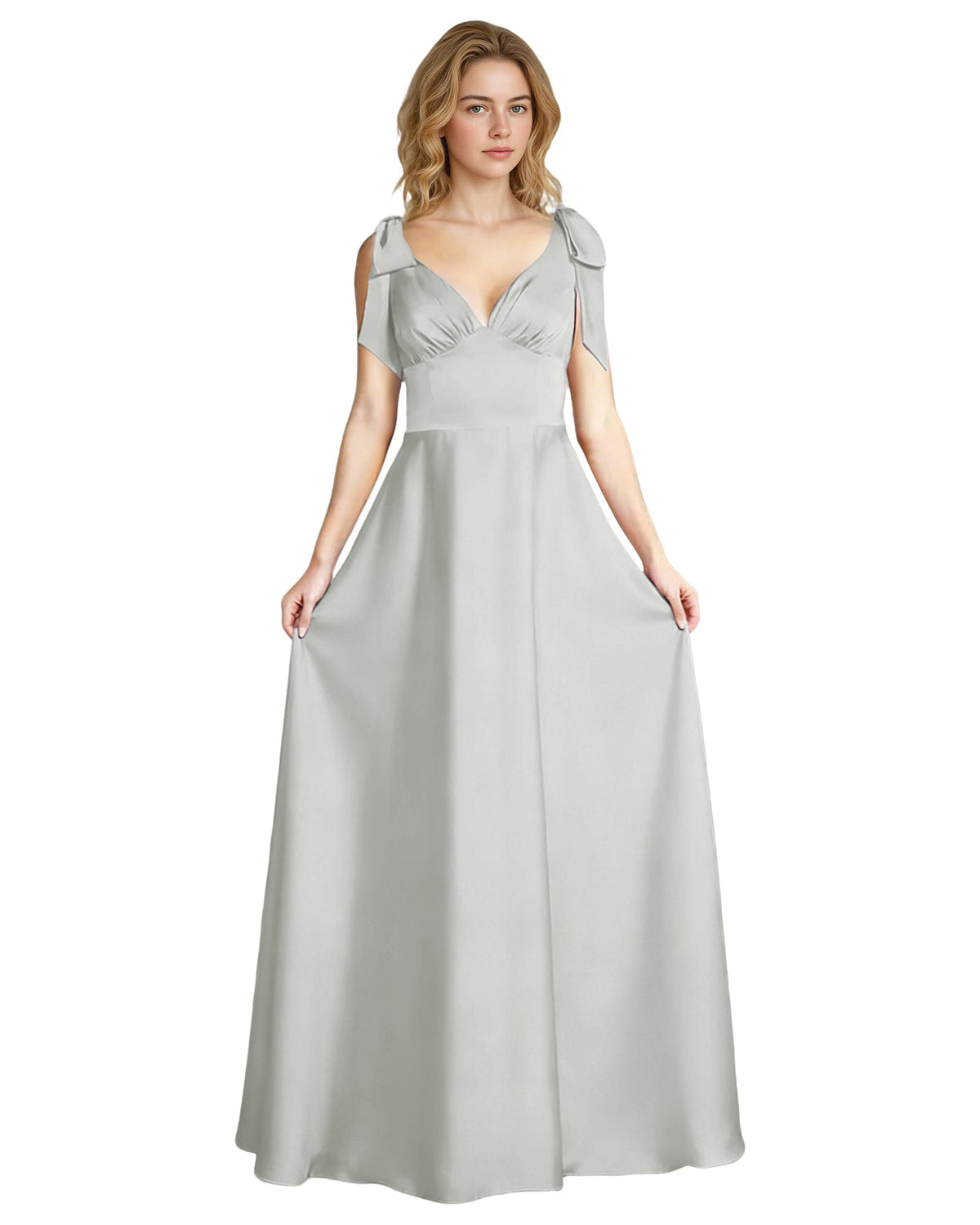 Silver-gray satin V-neck bridesmaid dress with bow straps and empire waist, sleeveless