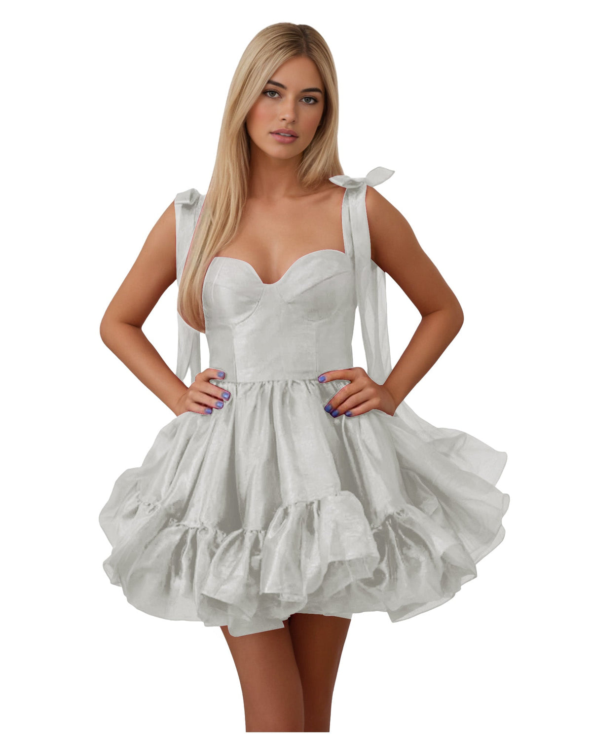 Satin corset homecoming dress in silver-gray with bow shoulder straps and layered ruffles