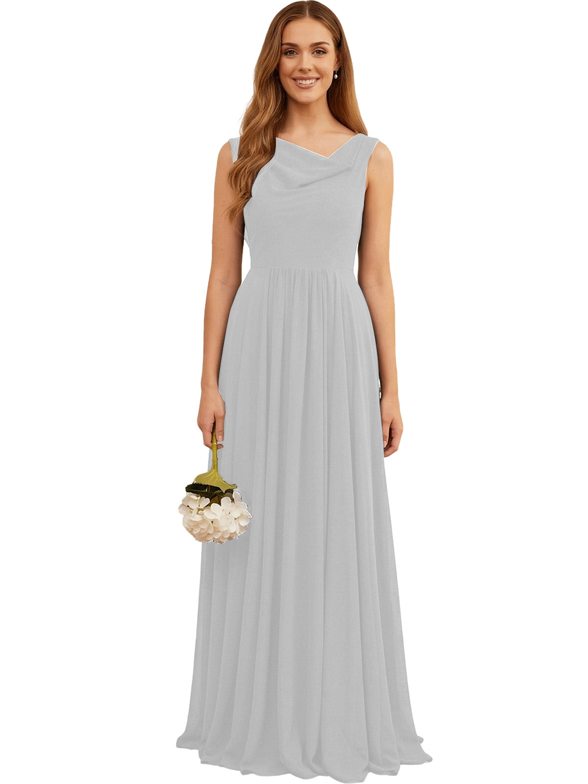 Silver gray sleeveless chiffon bridesmaid dress with V-neck and pleated skirt