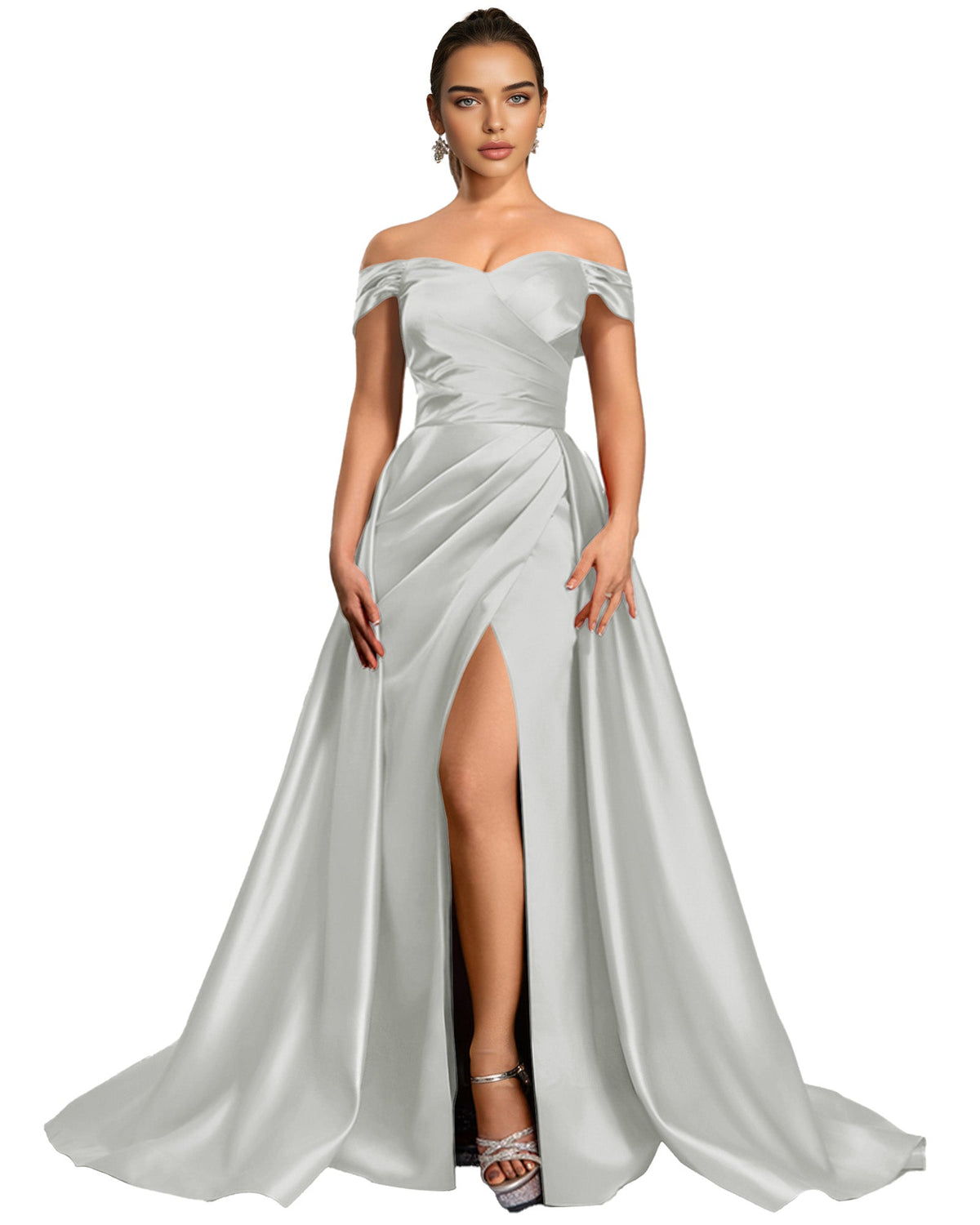 Silver satin off-shoulder ball gown with draped bodice and thigh slit skirt