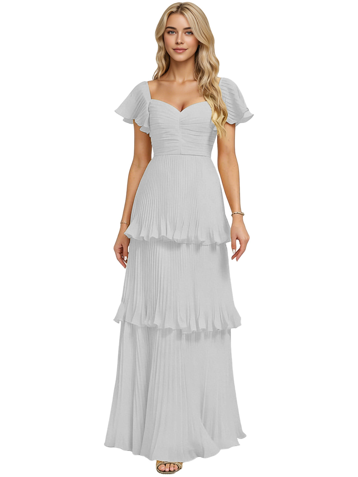 Gray tiered ruffle chiffon bridesmaid dress with sweetheart neckline and flutter cap sleeves
