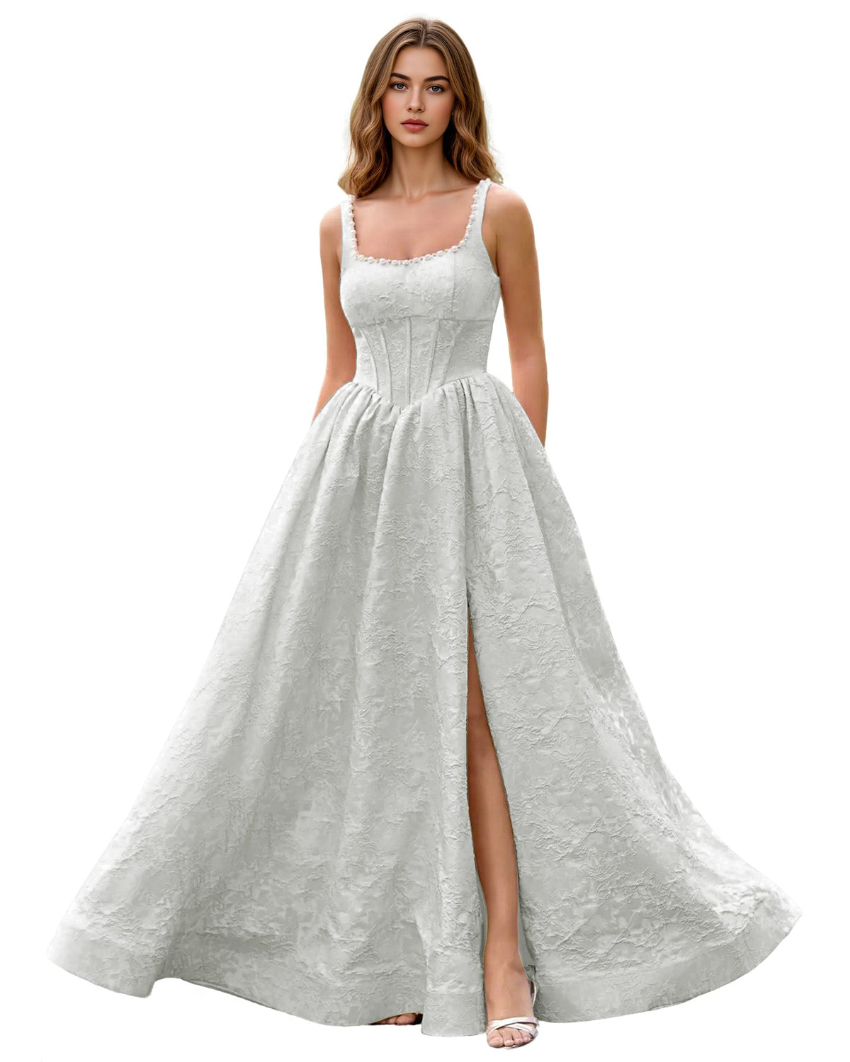 White jacquard ball gown with square neckline, wide straps, fitted bodice, full skirt slit
