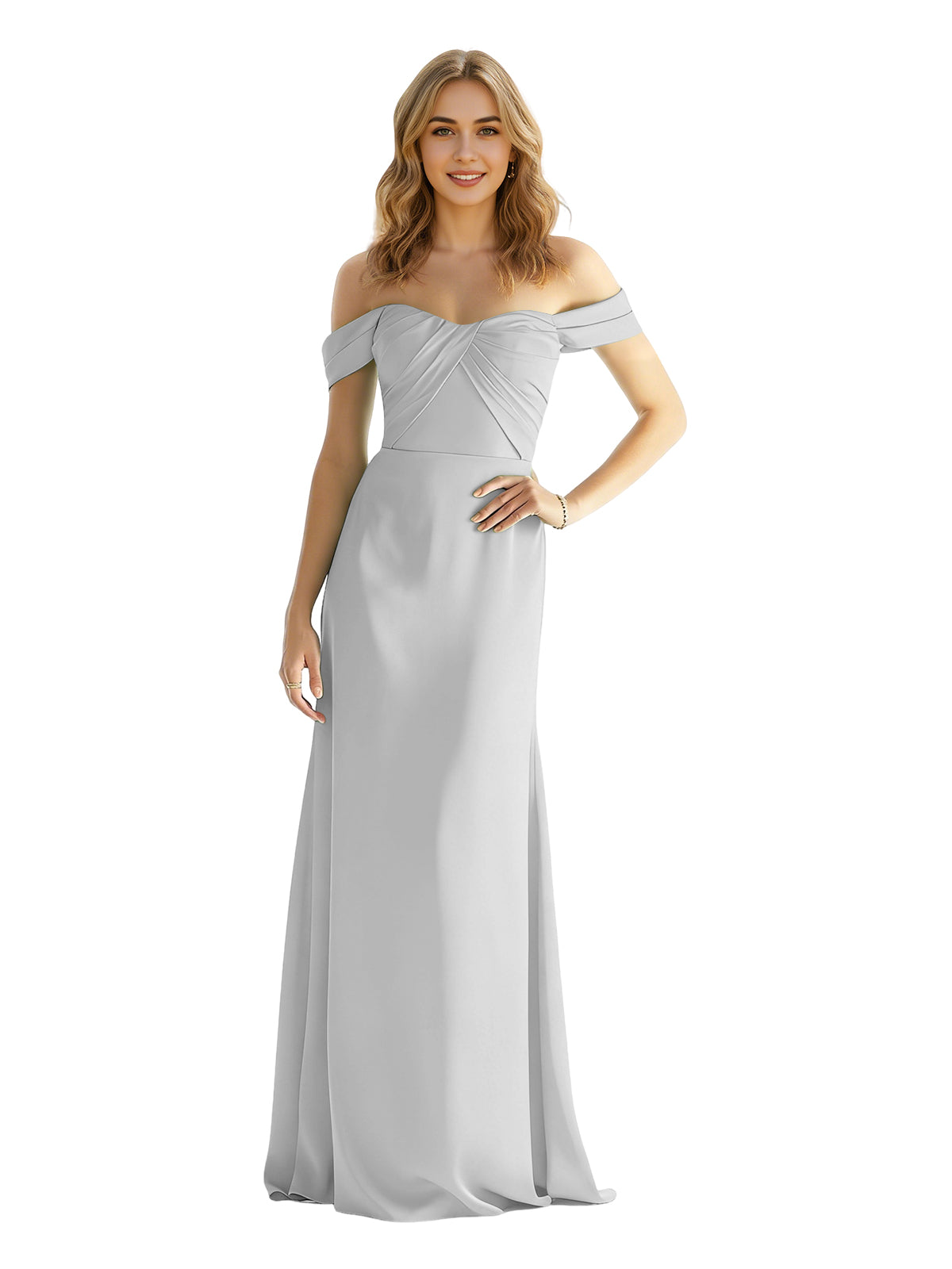 Off-shoulder satin bridesmaid dress with wrapped bodice, silver-gray, floor length