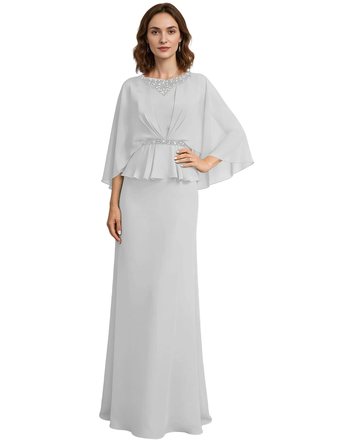 Light gray long formal dress with beaded neckline, capelet sleeves, and peplum drape