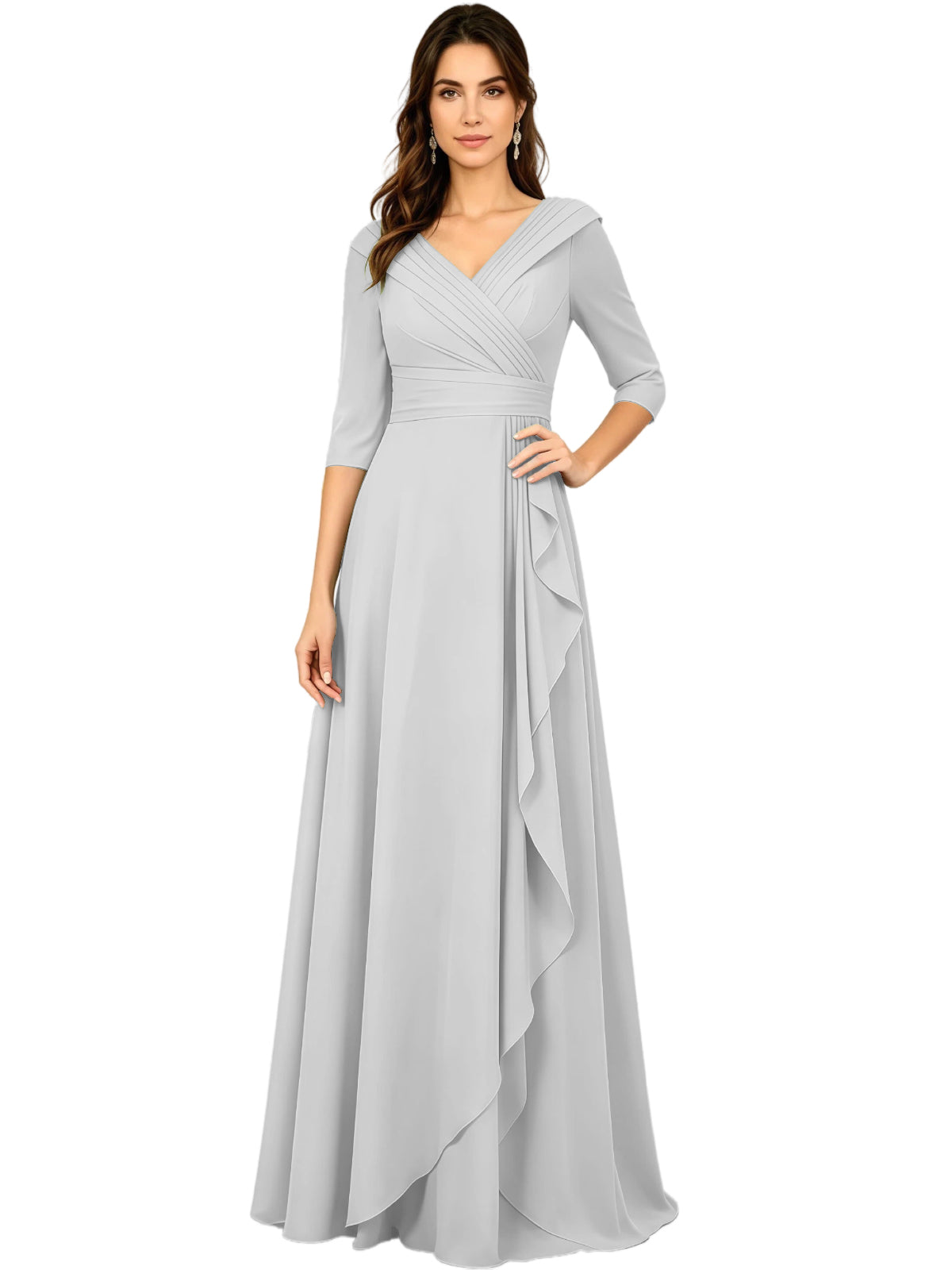 Light gray V-neck A-line mother of the bride dress with half sleeves and side ruffle.