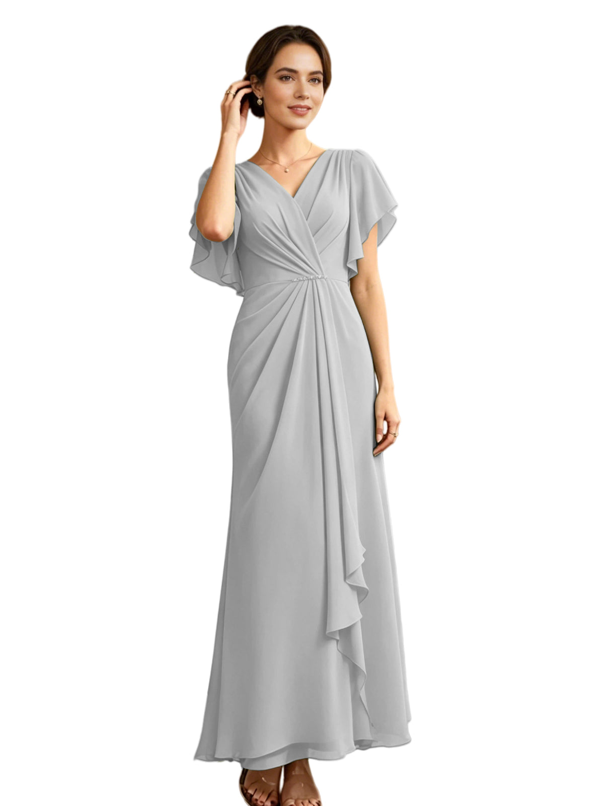 Light gray chiffon V-neck mother-of-the-bride gown with flutter sleeves and draped waist