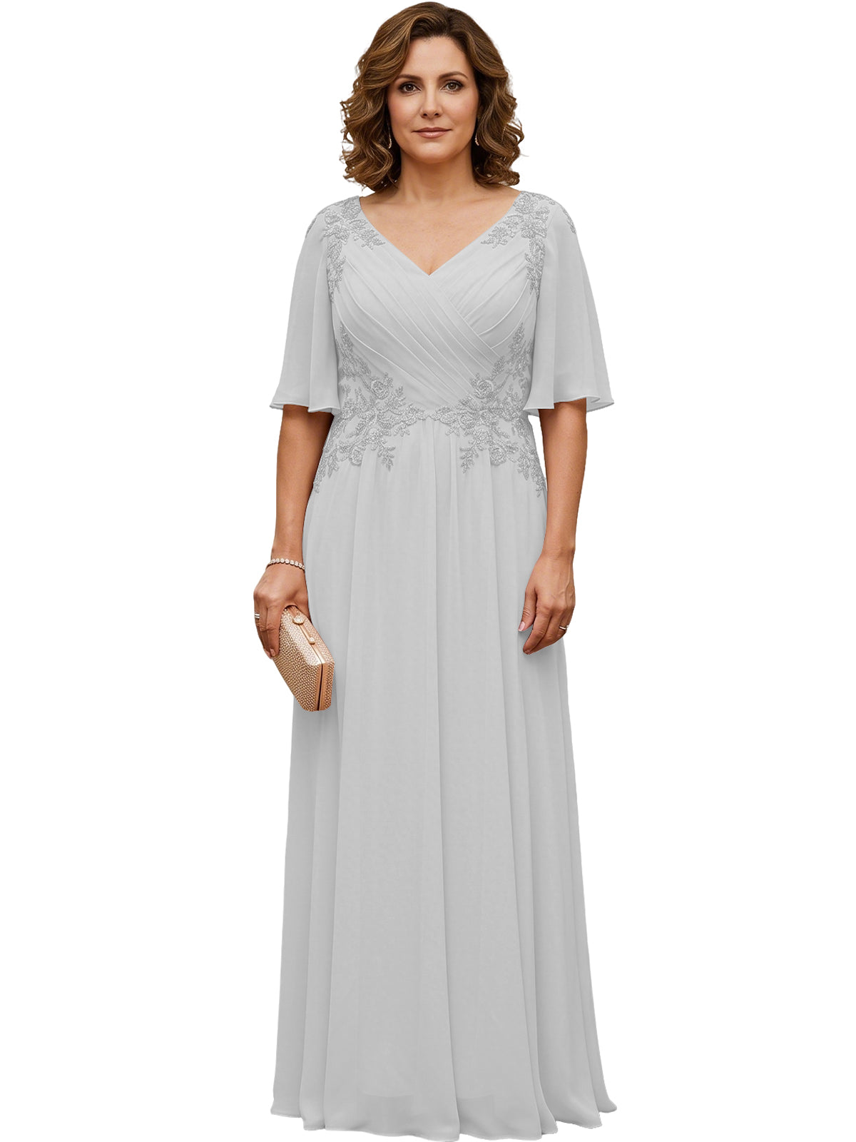 Light gray long chiffon A-line gown with V-neck, flutter sleeves, and beaded lace details