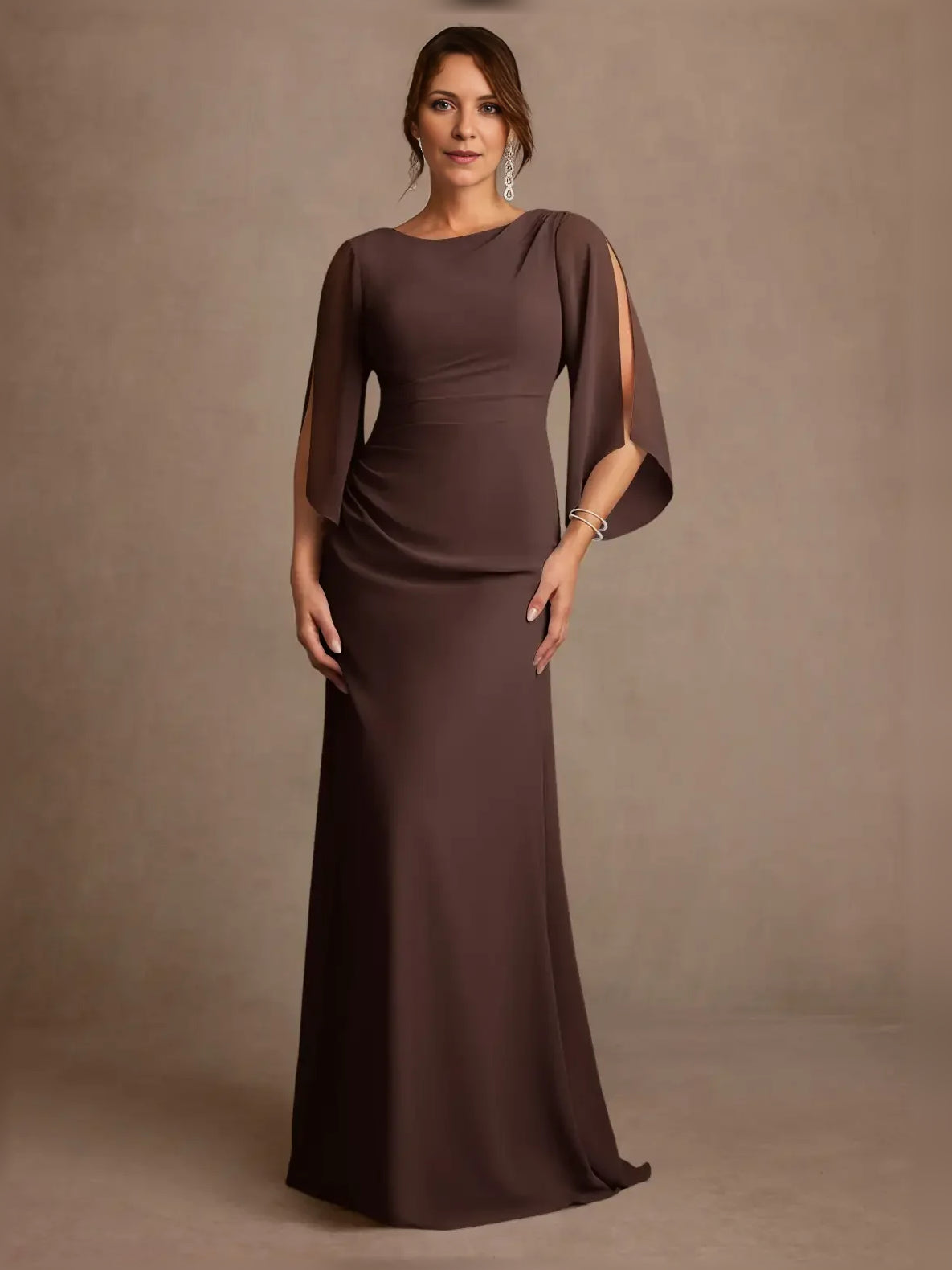 Chocolate draped boat-neck A-line gown, side view, floor-length