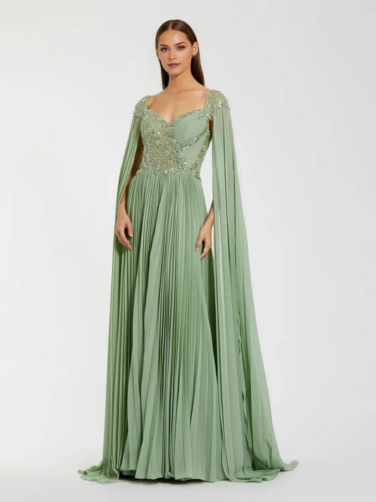 Dusty sage formal dress with beaded sweetheart bodice and pleated floor-length skirt