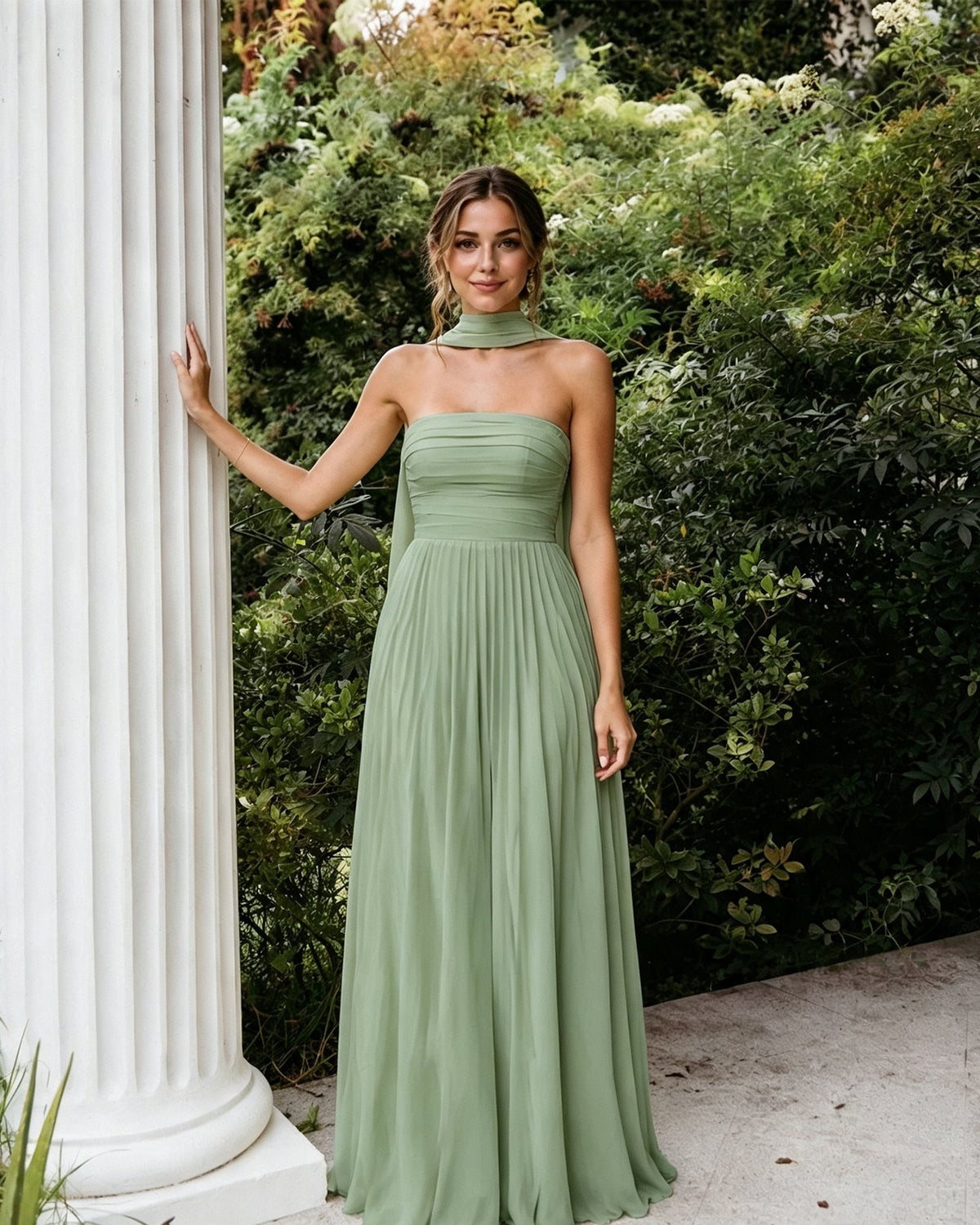 Sage green strapless chiffon A-line bridesmaid dress with pleated bodice and neck scarf