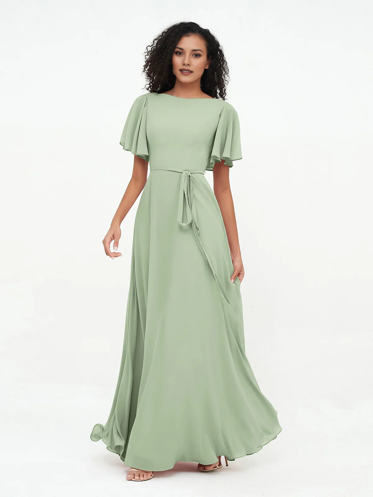 Sage green chiffon maxi bridesmaid dress with boat neckline, puff sleeves, tied waist, A-line skirt