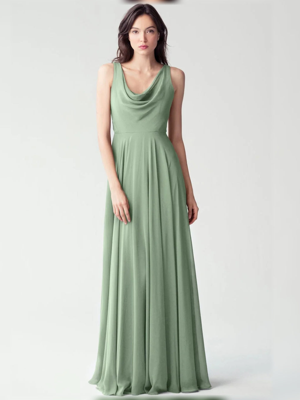 Sage green cowl-neck chiffon A-line bridesmaid dress, sleeveless, floor length.