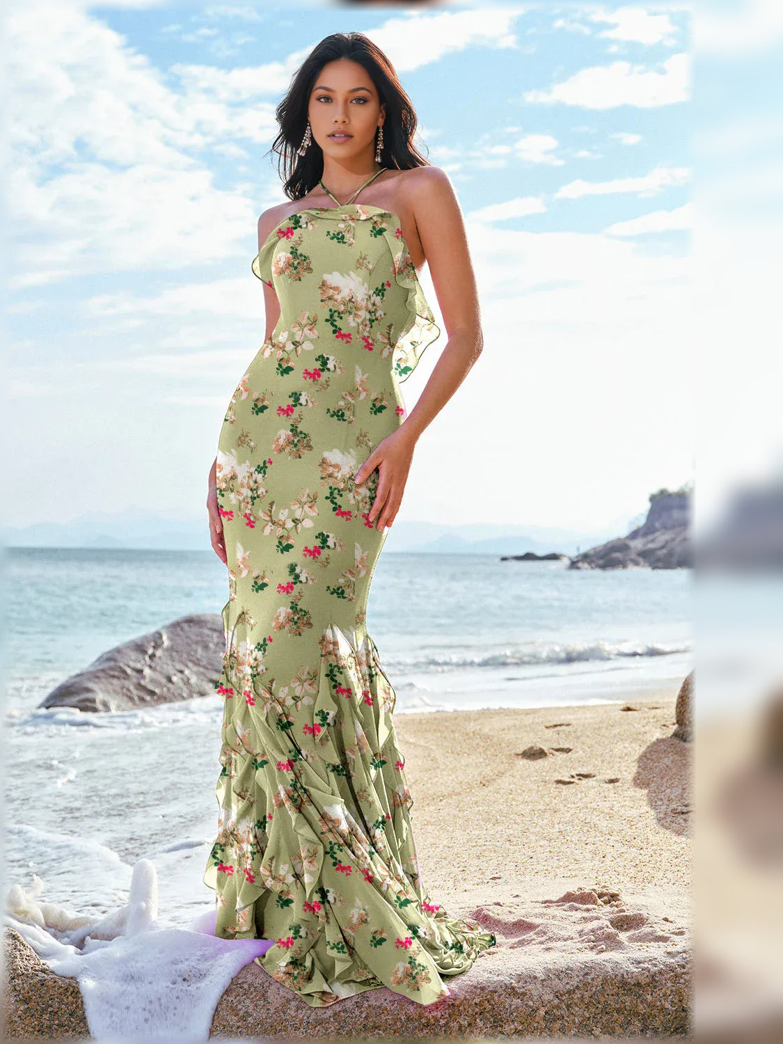 Floral halter neck ruffle formal dress, sage green, front view, tiered hem, floor-length