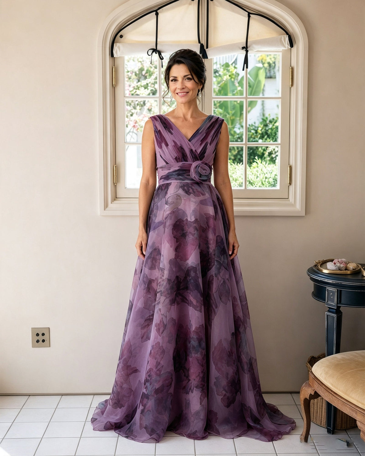 Floral chiffon V-neck mother of the bride dress with rosette sash, sleeveless, purple.