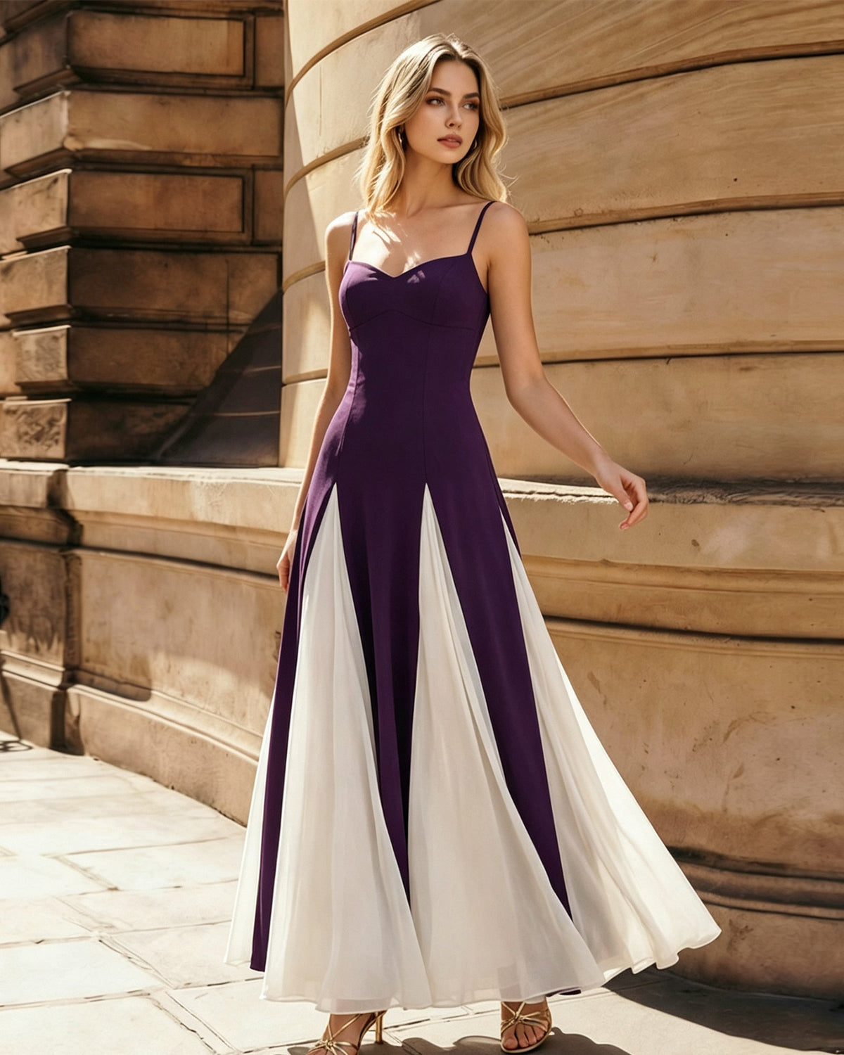 Colorblock spaghetti-strap jumpsuit dress in deep purple with white flared panels