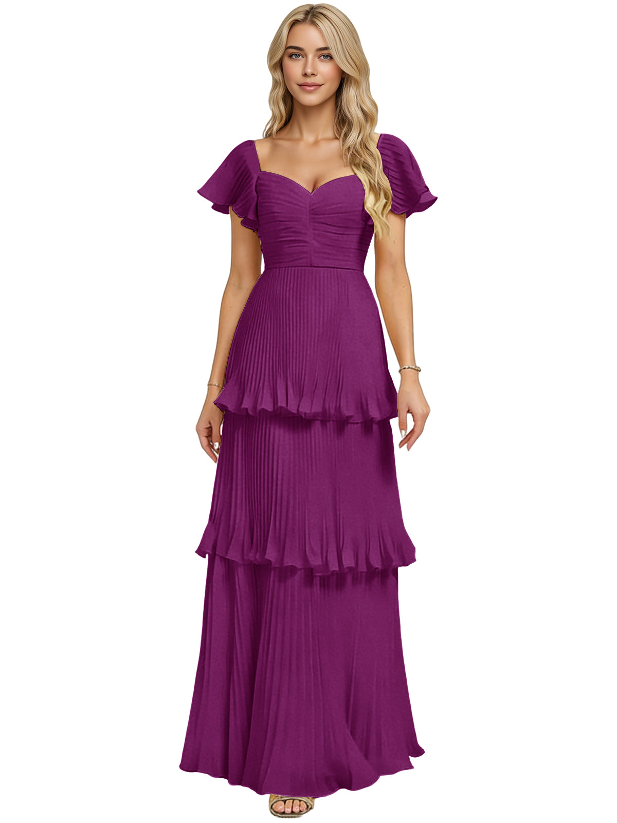 Purple tiered ruffle chiffon bridesmaid dress with sweetheart neckline and flutter sleeves