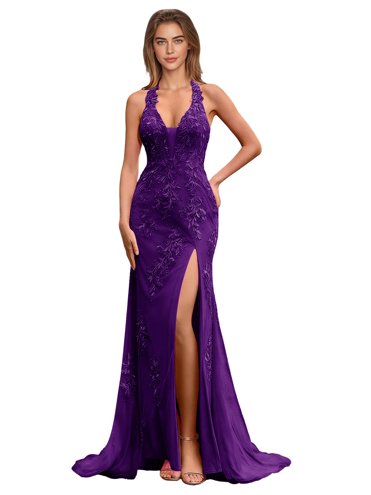 Deep purple halter lace mermaid prom dress with applique bodice and thigh slit