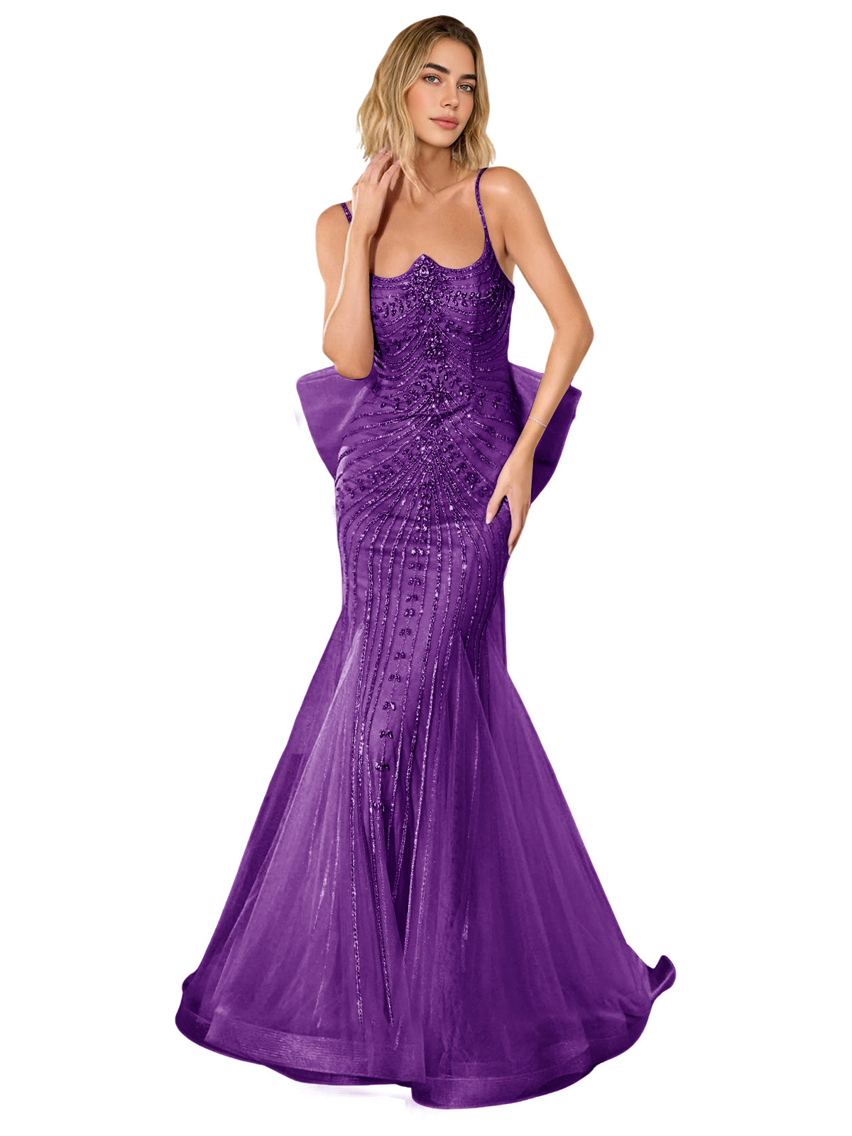 Purple lace corset trumpet prom dress with thin straps and sweep train