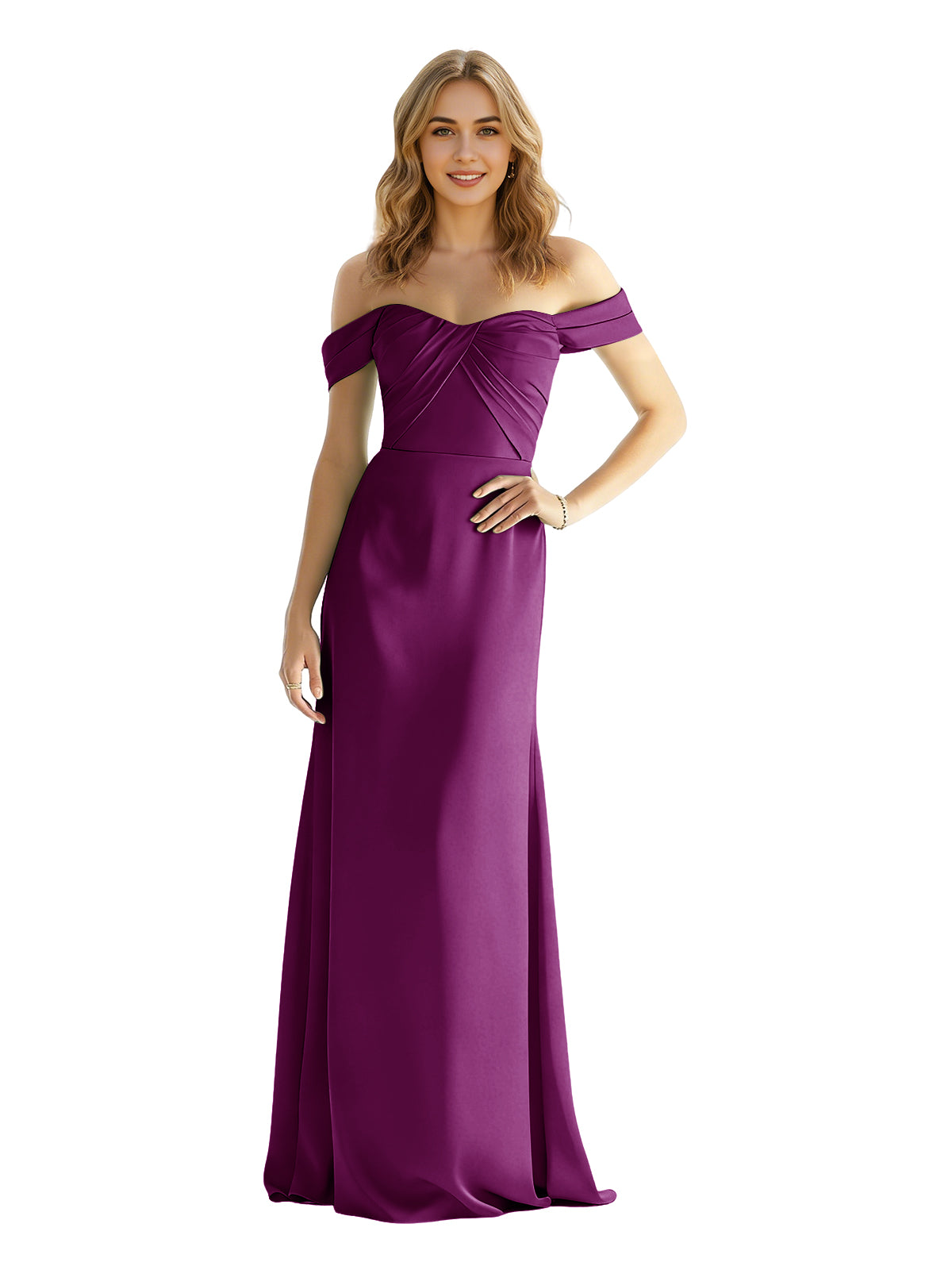 Off-shoulder satin bridesmaid dress with wrapped bodice, deep purple, floor length